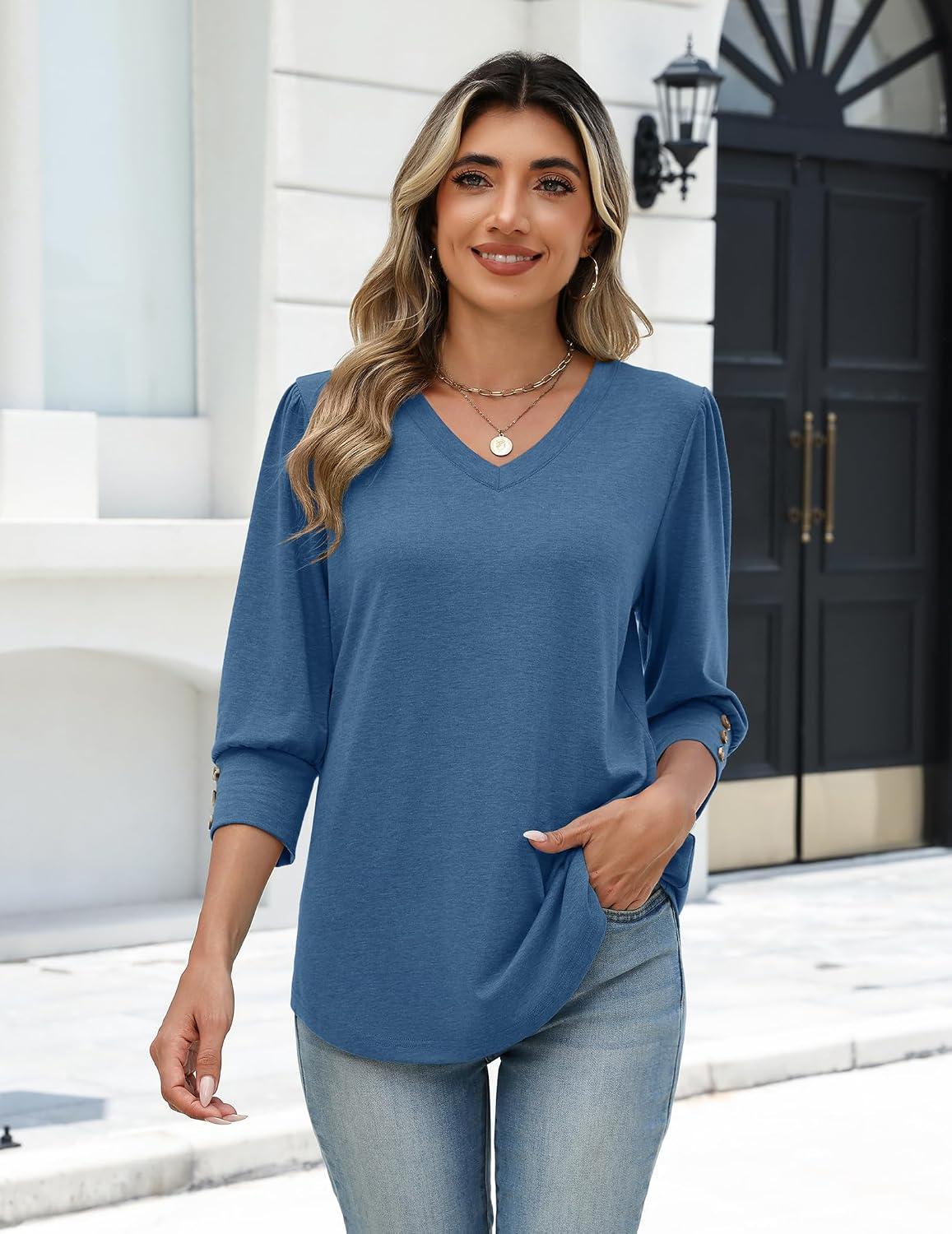  Womens 3/4 Sleeve V Neck T Shirts Dressy Casual Tops thumbnail