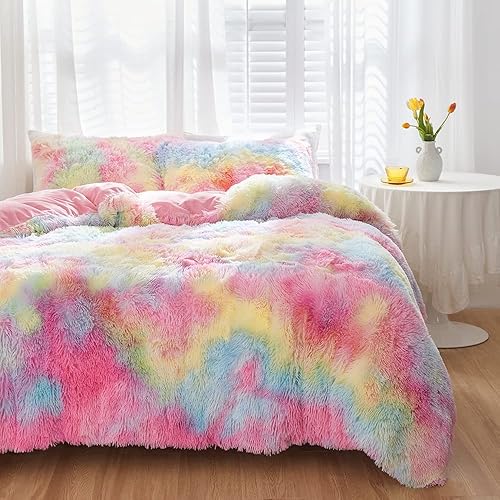 Miniatura 96 de SUCSES Faux Fur Duvet Cover Set Twin Size, Tie Dye Rainbow Plush Shaggy Girls Bedding Set, Soft Velvet Fluffy Fuzzy Ombre Comforter Cover Set