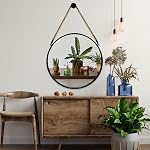 POZINO Miroir rond, 15" Miroir suspendu à corde, Miroirs du cercle de ferme, Miroir mural en métal noir pour salle de bains, Chambre, Salon, Entrée, Décor