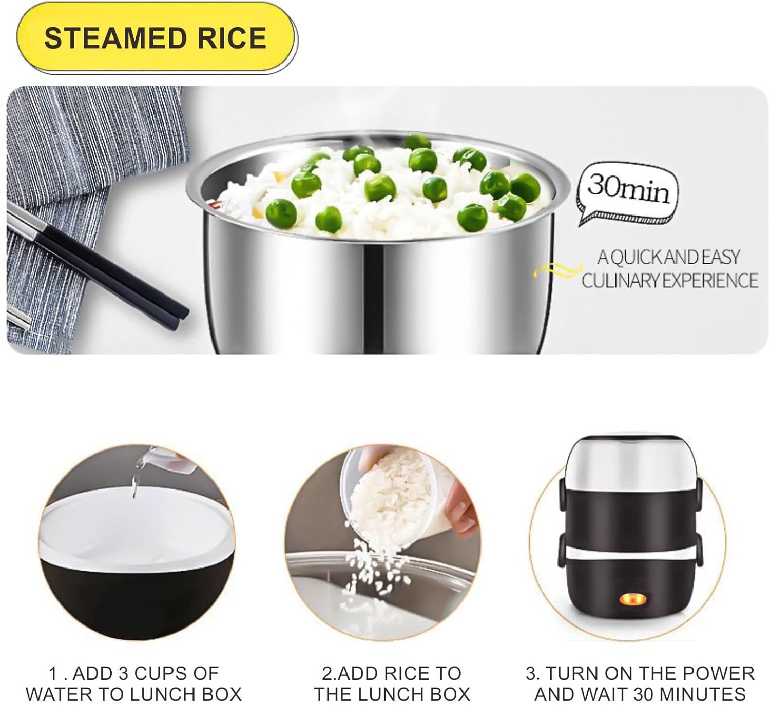 3 Layers Electric Warmer Lunch Box Food Heater Portable Bento Rice Cooker Office Lunch Containers Warming Home Food Grade Material Steamer with Stainless Steel Bowls, Egg Steaming Rack -Brown