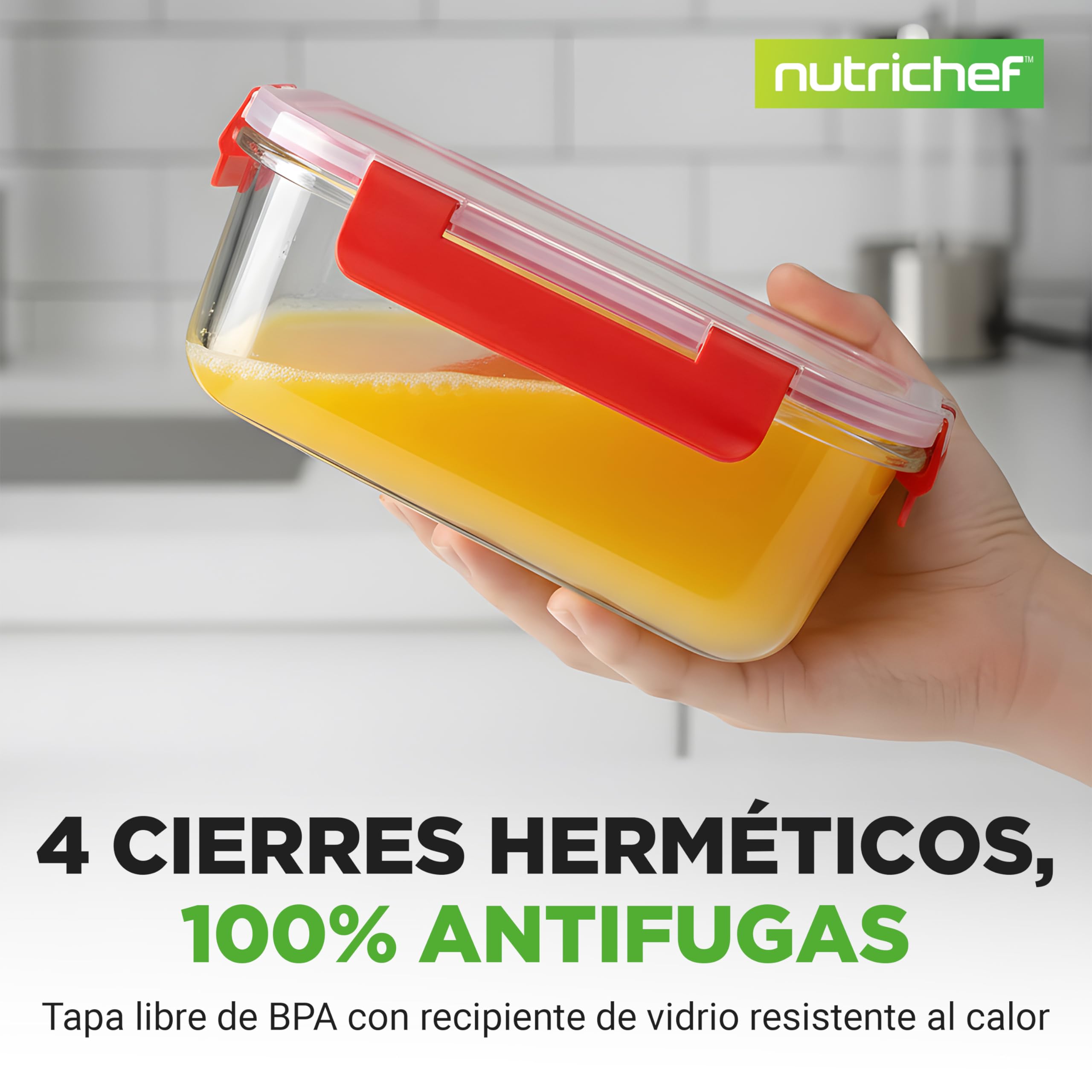 Nutrichef frascos de vidrio, 12 piezas con tapas hermeticas, Tapers aptos para microondas, Congelador y Lavavajillas automatico. Contenedores ideales para comidas, frutas y mas