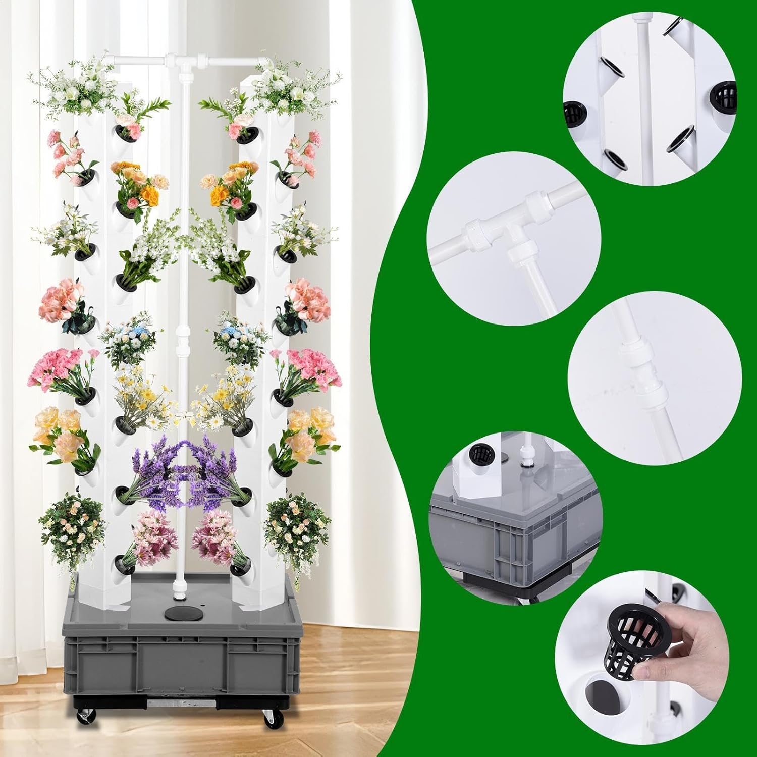 Hydroponics Growing System Double-Headed, 56 Slots Indoor Garden Hydroponics Tower Vertical Garden with Water Pump, Plant Germination Kit Veggie Flower Fruit Growth Pump System for Home
