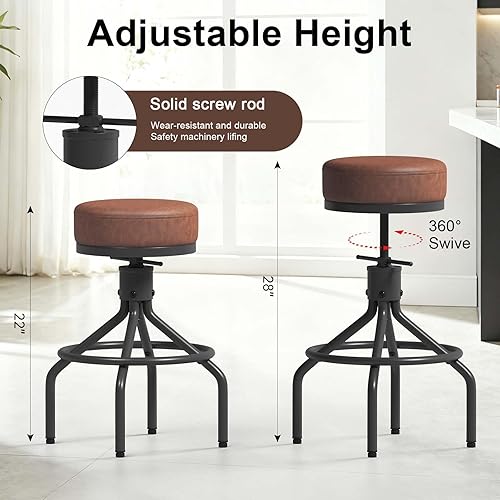 Miniatura 6 de Taburetes de bar industriales, juego de 2 taburetes de bar redondos giratorios ajustables, modernos de cuero sintético de 28 pulgadas, taburete de