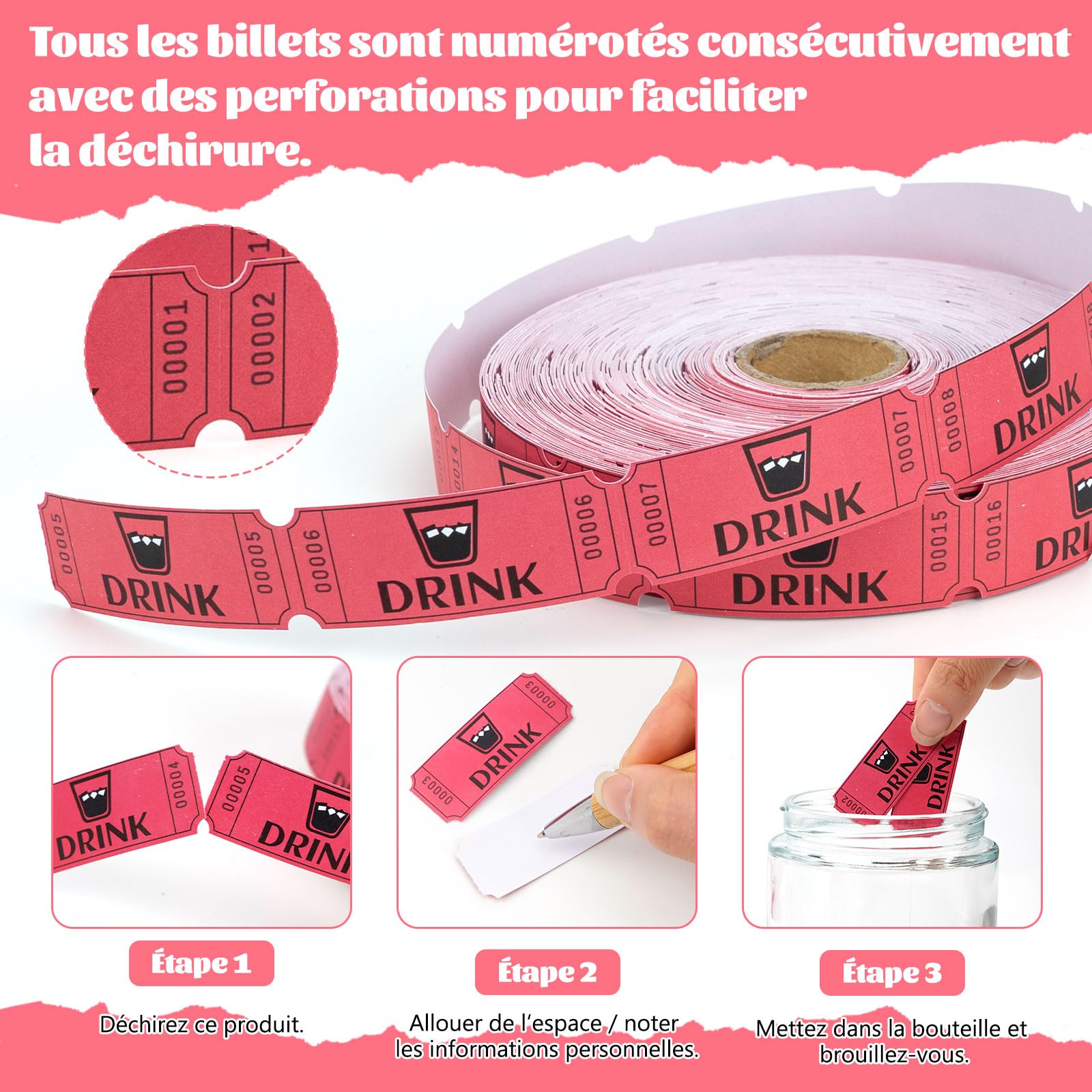 Confezione da 1000 biglietti per bevande rosse | Biglietti per la Tombola, biglietti vincenti, buoni per il consumo gratuito, gettoni da bere