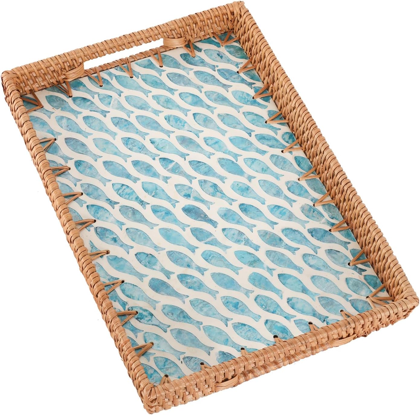 Rectangle Rattan Tray with Mother of Pearl Inlay, Rattan Serving Tray with Handle for Coffee, Bread, Fruits, Snacks, Decorative Wicker Tray for Table Decor (Rectangle Turquoise Fish, 13"×9")