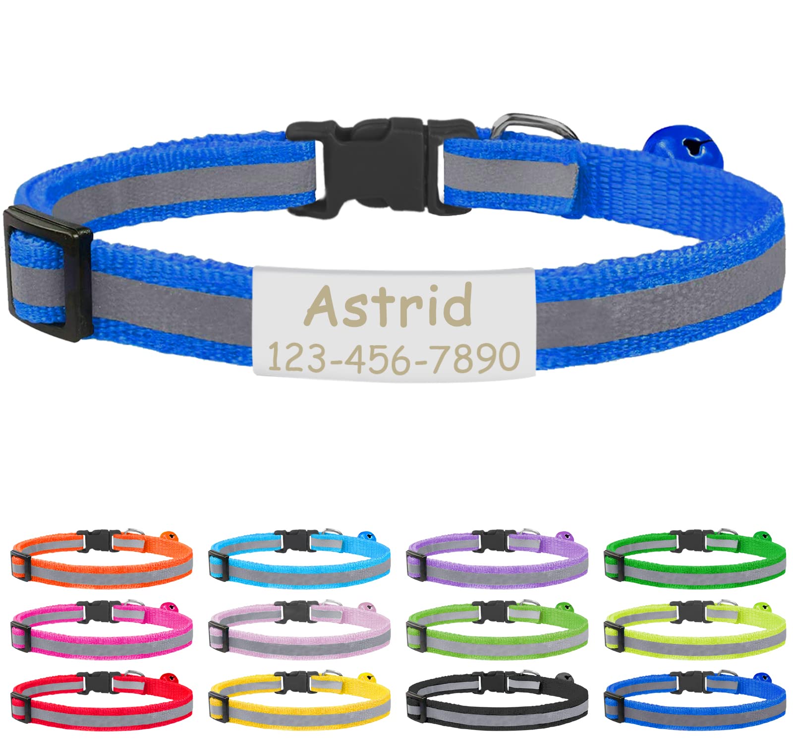 CAMAL Cat Collar with Name Tag, Reflective Cat Collar Breakaway for Kitten Puppy, Personalized Cat Collar, Adjustable 7.5