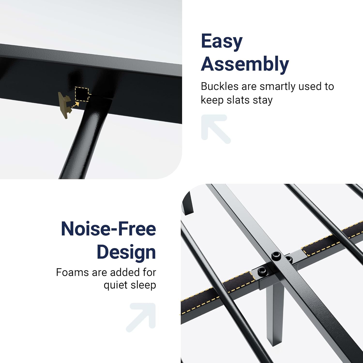 Close-up images showing easy assembly with buckles and noise-free design with foam.