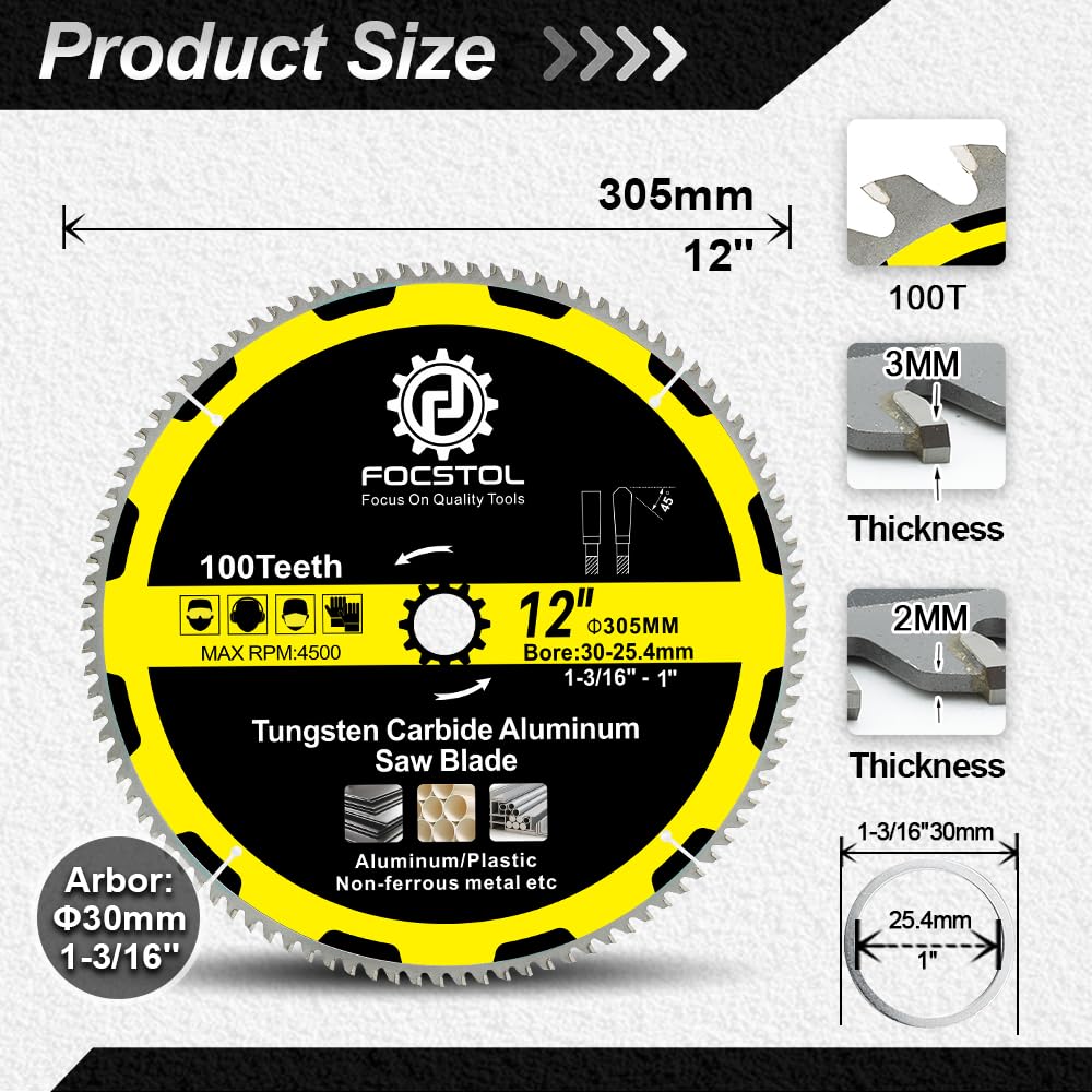 FOCSTOL Hoja Sierra Circular para Aluminio 305mm x 30mm - Disco para Corte Aluminio con 100 Dientes Para Cortar Metales No Ferrosos Plástico