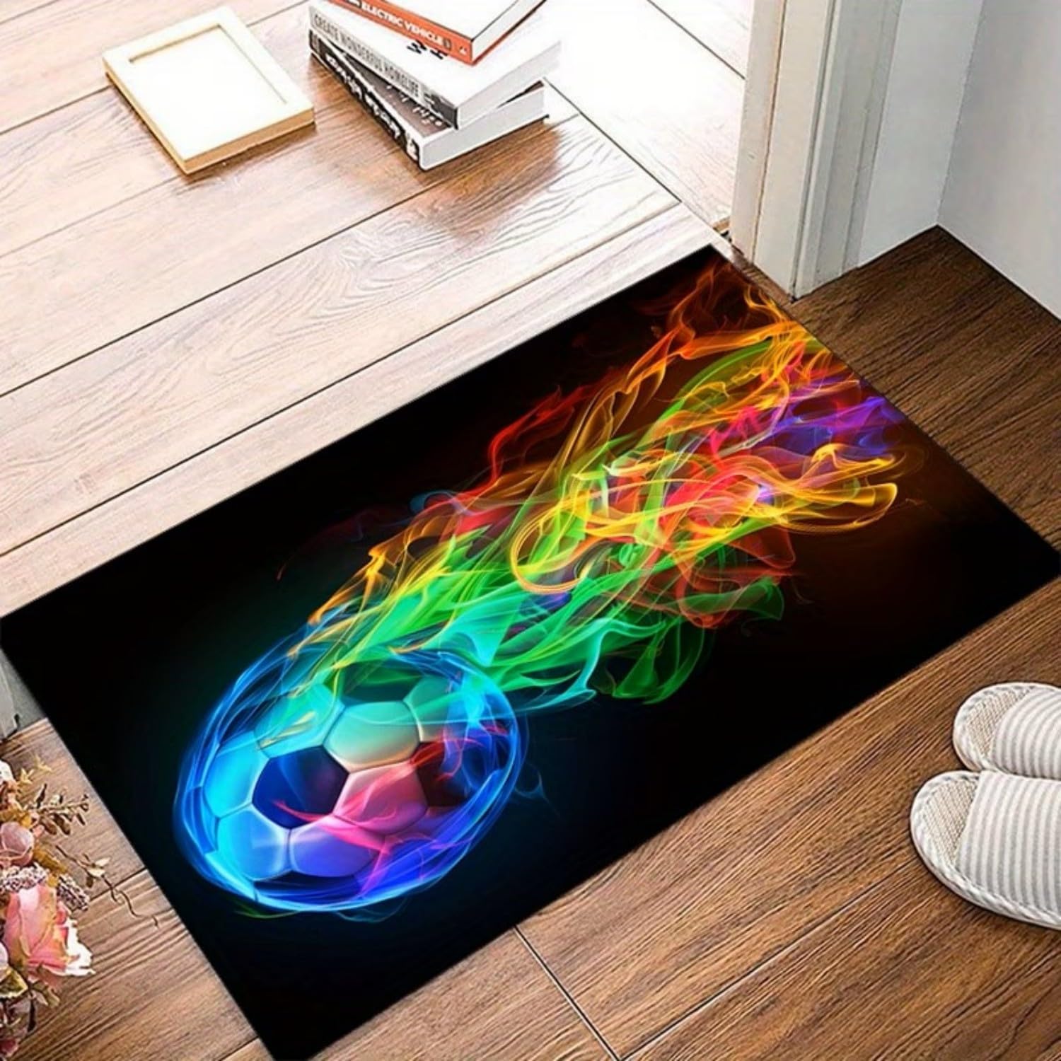 Cooler Fußball Teppich 140x200cm mit Buntem Flammen Motiv - Rutschfester Wohnzimmerteppich für Kinderzimmer Spielzimmer Jugendzimmer, Waschbar & Weich