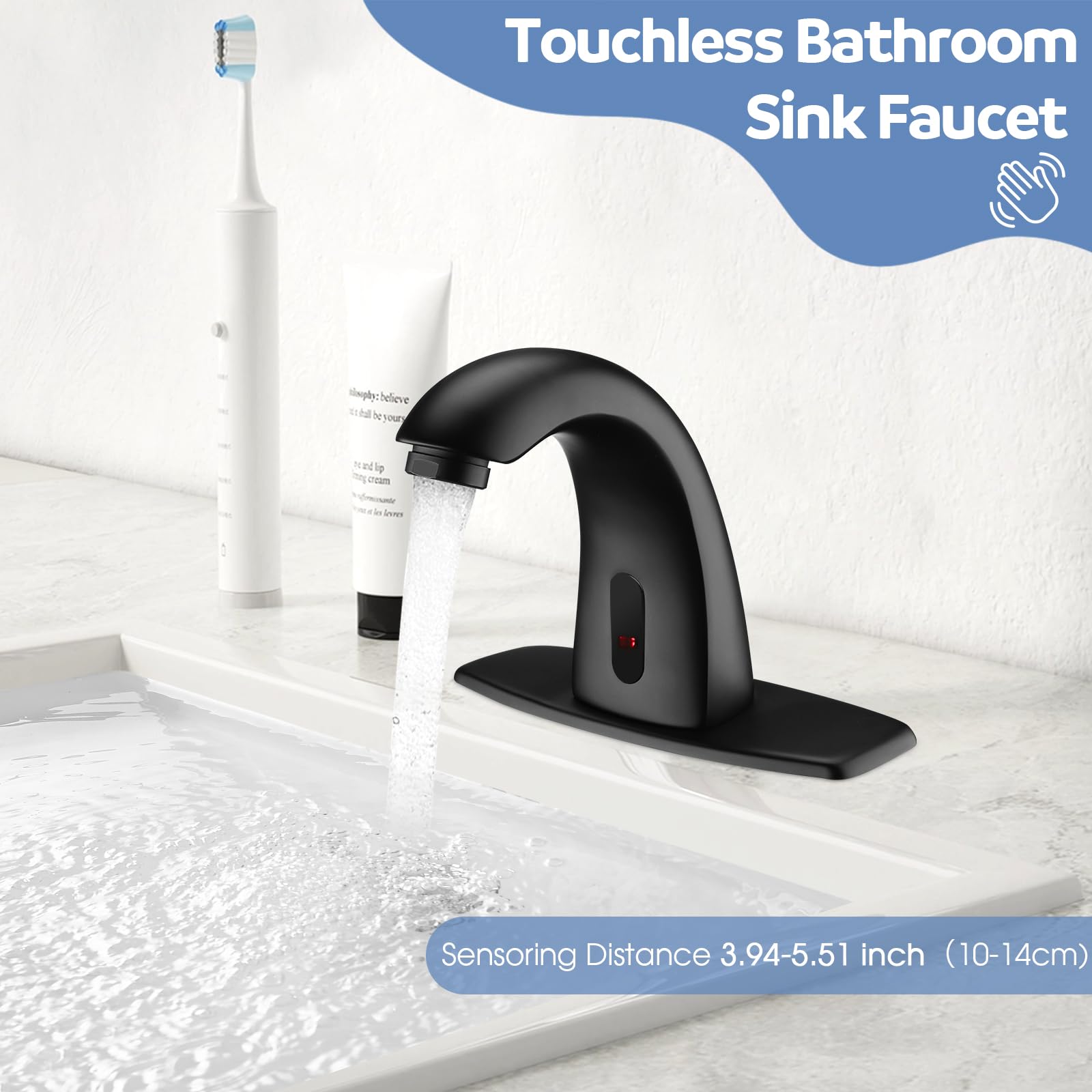 ZHIXINGKX Touchless Bathroom Sink Faucets, Automatic Motion Sensor Sink Faucet with Hole Cover Deck Plate, Commercial Sink Faucet for Bathroom (Black)