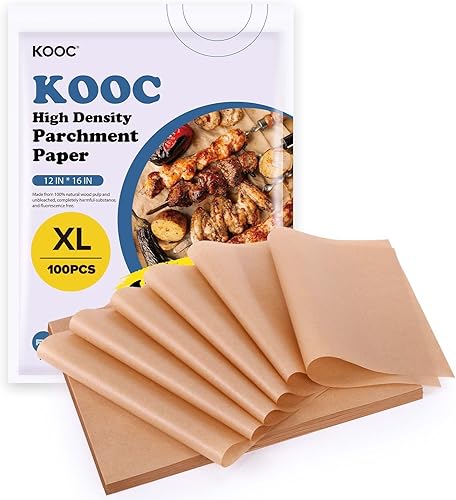KOOC Hojas de papel pergamino precortadas, sin blanquear y hojas de papel de hornear naturales, 12 x 16 pulgadas, 100 unidades, grandes,
