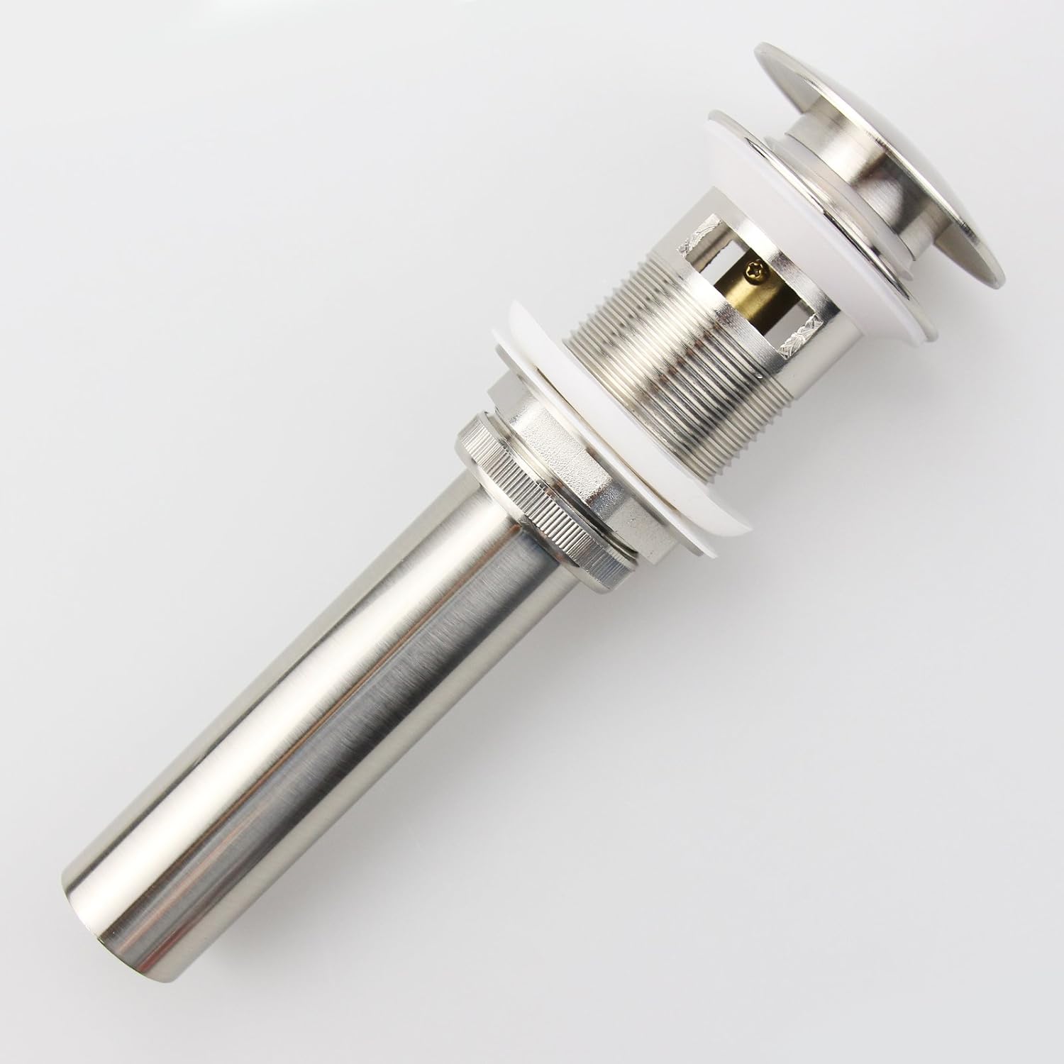 Bathroom Sink Pop Up Drain Assembly With Overflow Fits 1.57 to 2.36 Inch Sink Openings with 1-1/4 Inch Tailpiece Large Cap Solid Brass Drain Stopper (Brushed Nickel)