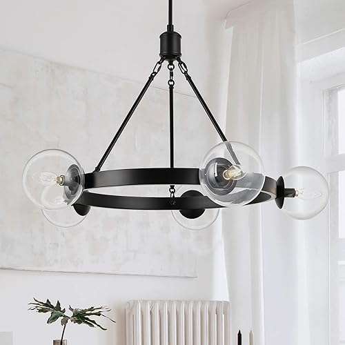 Caserti - Candelabro de globos de estilo moderno de mediados de siglo con rueda negra de 35 pulgadas con luces, pantallas de globos de vidrio
