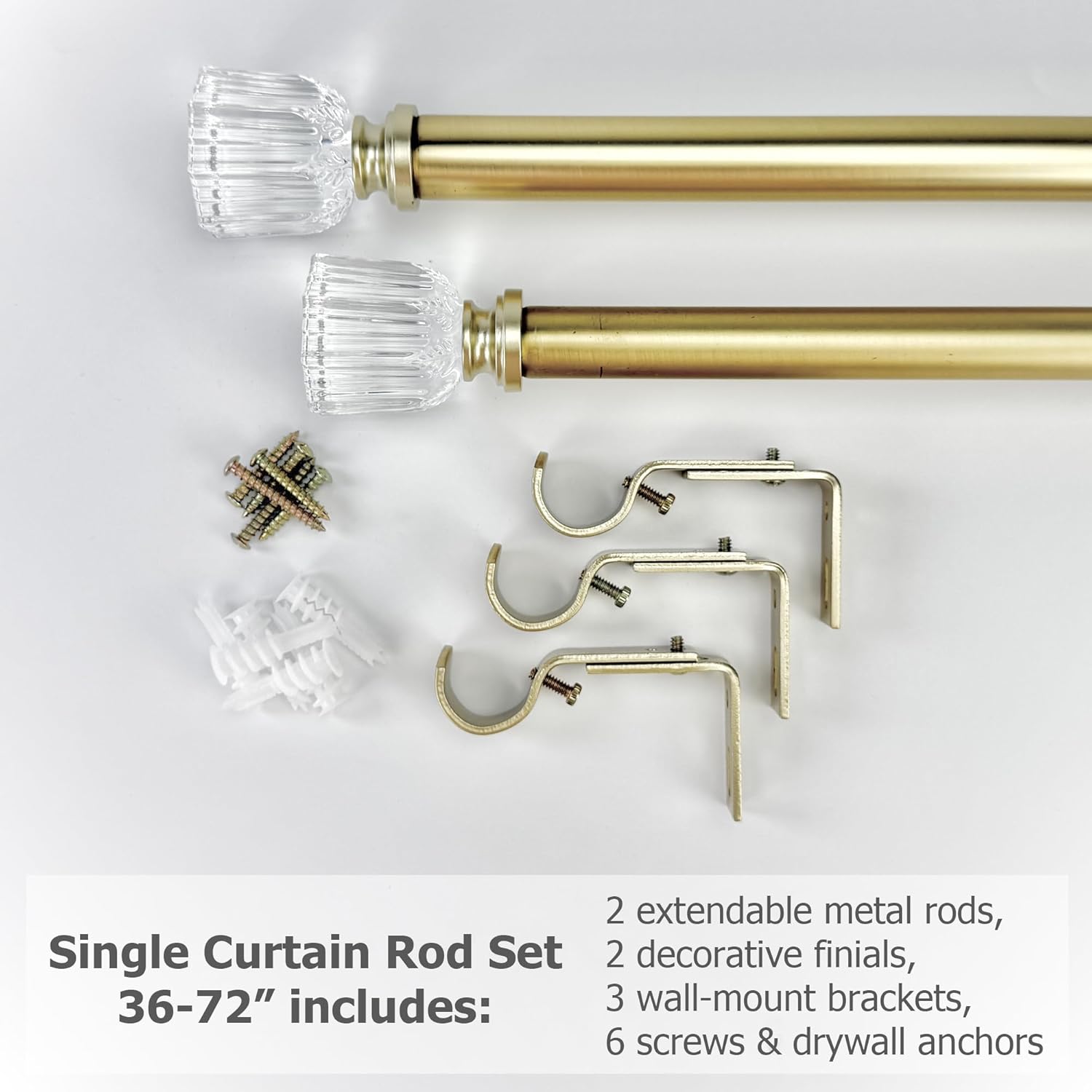 Adjustable 36-72 Inch Brass Gold Curtain Rods for Windows 24-68 Inches, 1 Inch Single Decorative Curtain Rods with Crystal Fluted Ends, Metal Heavy Duty Window Treatment Rod for Bedroom Cafe