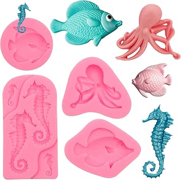 Octopus Fondant Molds, 4 Pieces Ocean Fish Seahorse Chocolate Silicone Molds for Handmade Baking Cake Decoration Cupcake Toppers Candy Polymer Clay
