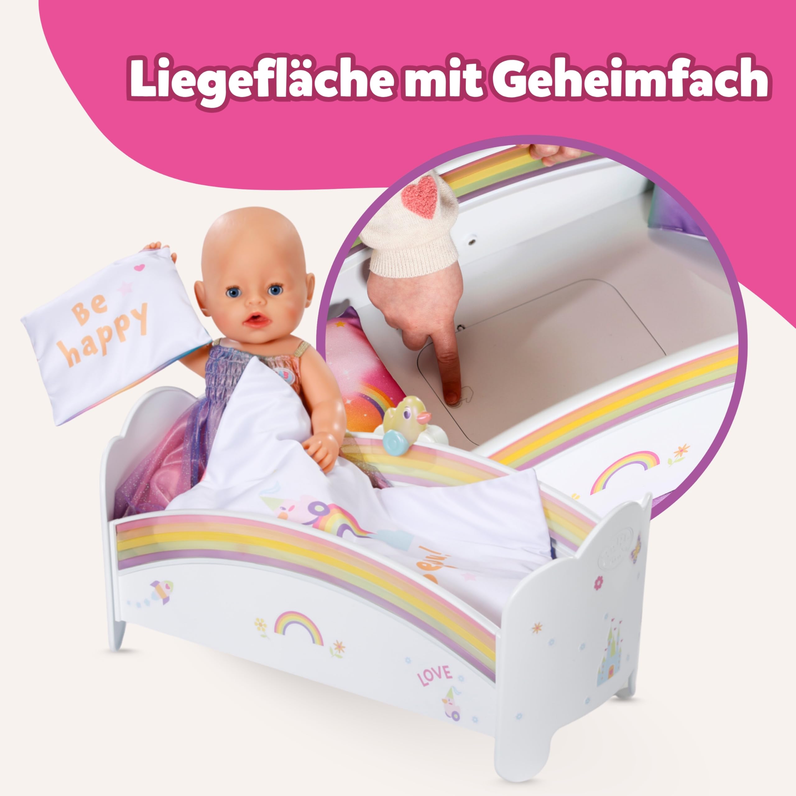 BABY born Regenbogenbett - Puppenbett mit Regenbogenlicht & beruhigender Einschlafmelodie - Hochwertiges Puppen Zubehör inkl. Wendebettwäsche & Stickern - Geeignet für Kinder ab 3 Jahren