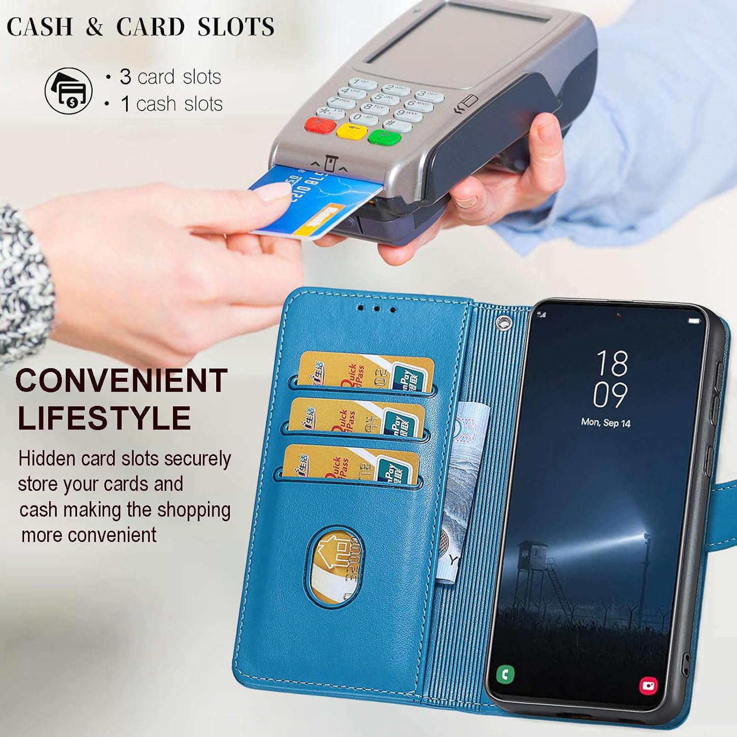 Designed for iPhone Air Case Wallet,Women Flip Folio Cover with Embossed PU Leather Stand Credit Card Holders Slots Wrist Strap Phone Case for iPhone Air 6.5 inch (Blue Butterfly) - Image 5