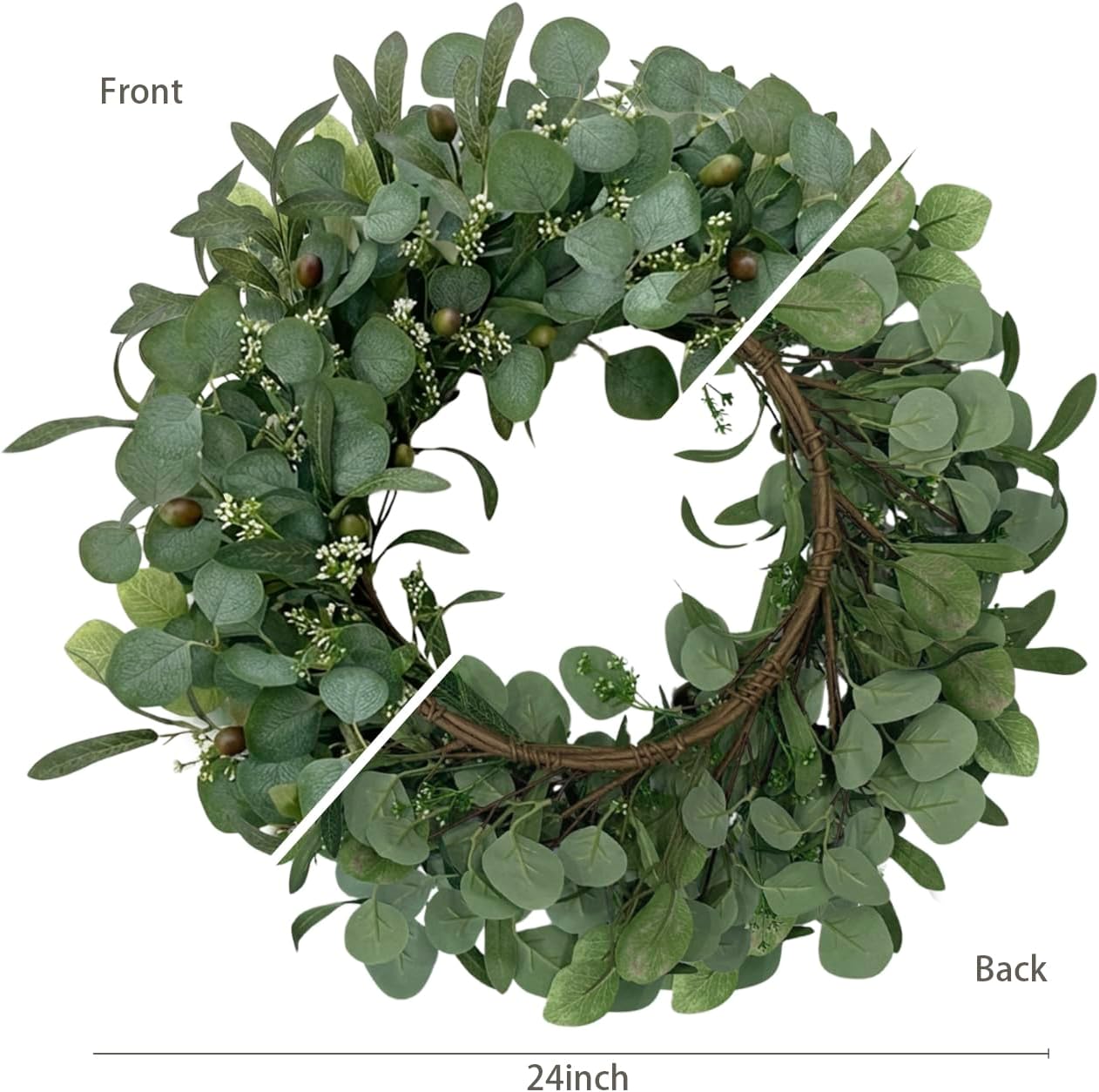 24 Inch Eucalyptus Wreath for Front Door, Large Artificial Greenery Wreaths with Olive Leaves and Berries, Farmhouse Spring Summer Decor for Porch, Wall, Window, All Season