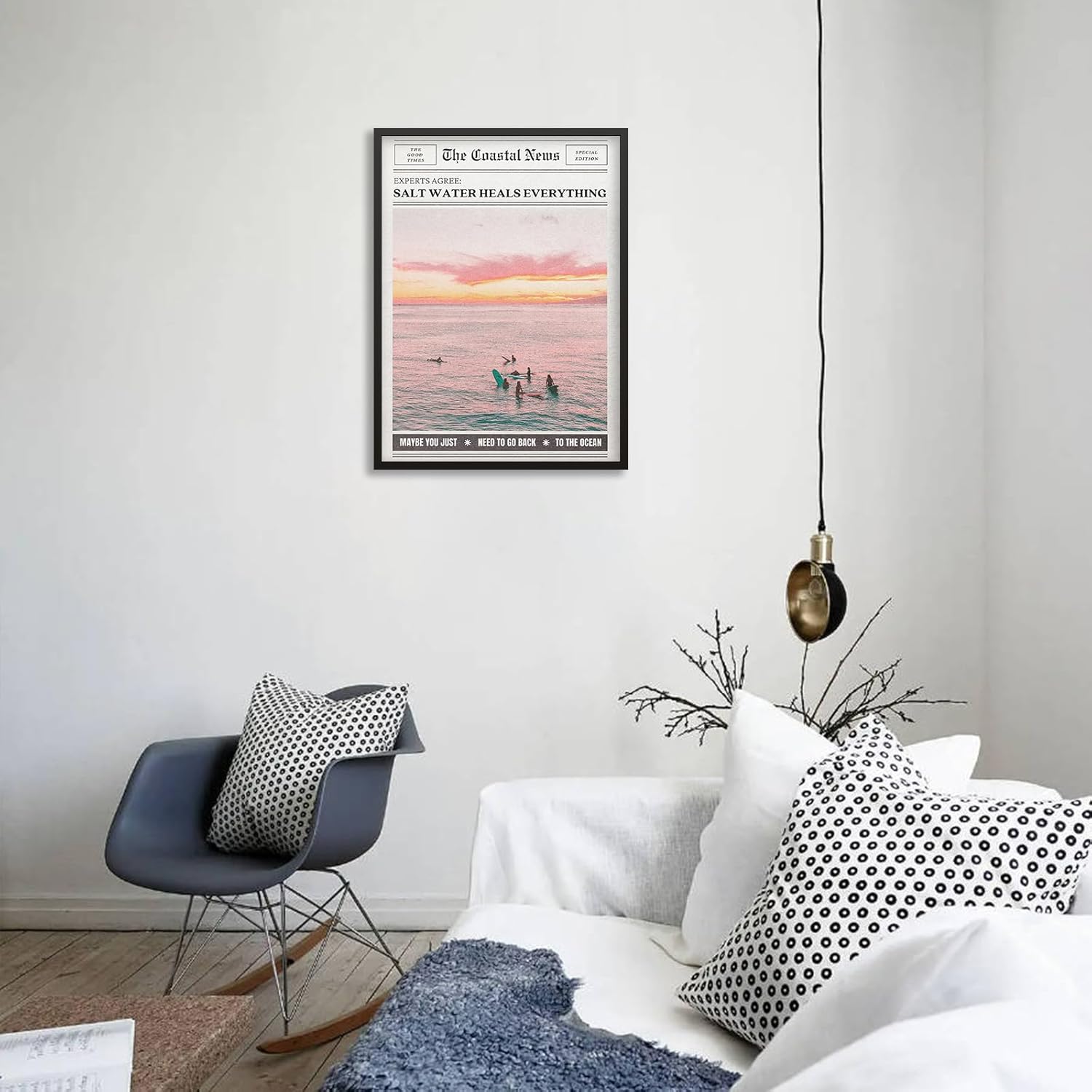 Pink Beach Newspaper Posters Vintage Fashion Coastal Girl Surf Wall Art 12X16 inch Black Framed Grainy Salt Water Heals Everything Canvas Prints for College Dorm Bedroom Wall Decor