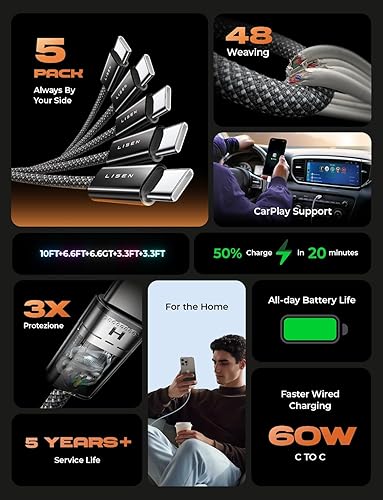 Miniatura 2 de LISEN Cable USB C, paquete de 5 3.33.36.66.610 pies USBC a USBC cable para iPhone 15 Pro Max Plus, 60 W (3.1 A) cable C a C de carga rápida para