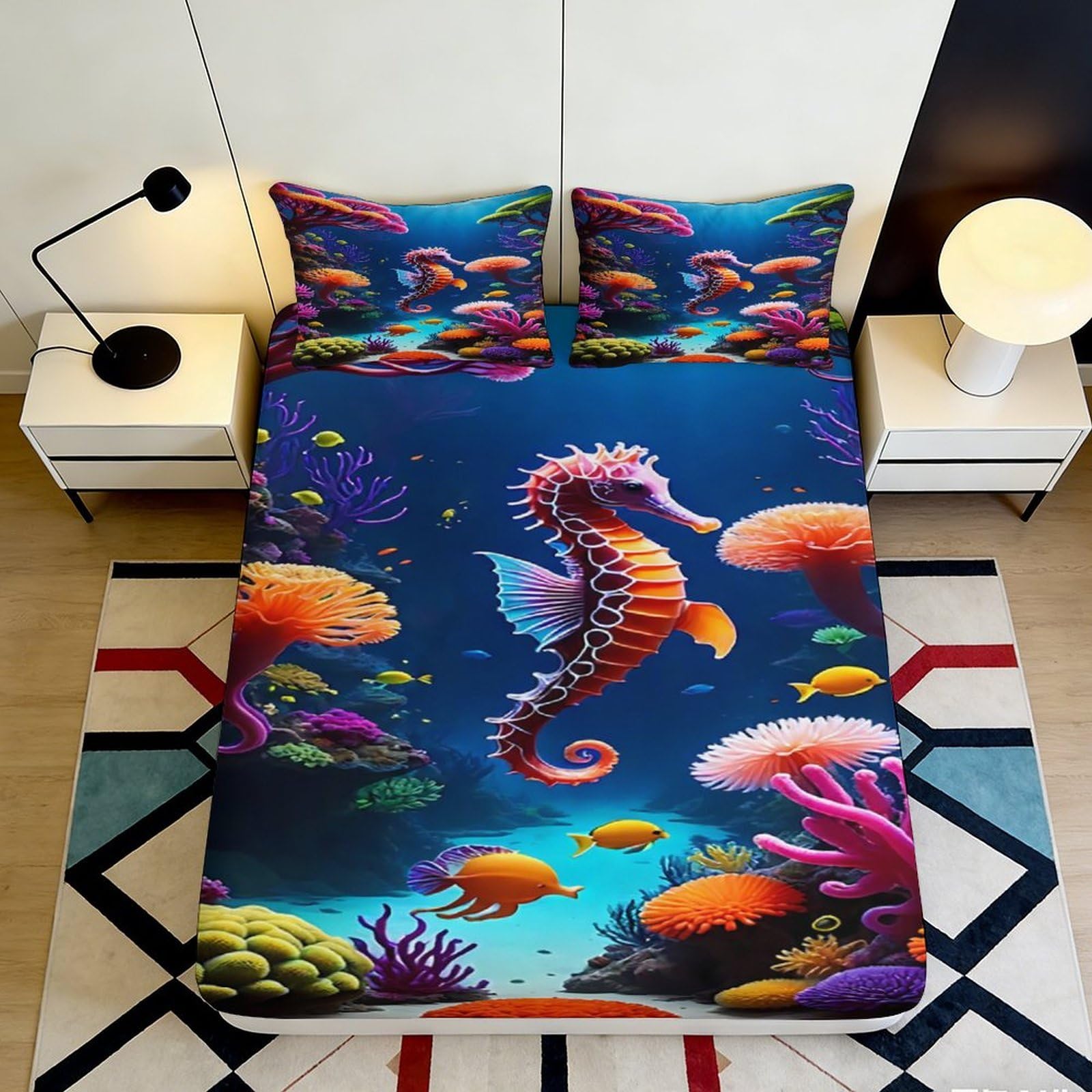 3D Printed Underwater Seahorse Fitted Sheet Microfiber Soft Coral Reef Mattress Cover for Bedroom Dorm Decor 90x200x25cm