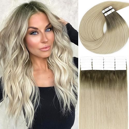 Vista 14 de Lacer Extensiones de cabello humano Remi Remy con cinta adhesiva en trama de piel, sin costuras, 60A, rubio ceniza platino, 100% real, Remi Remi