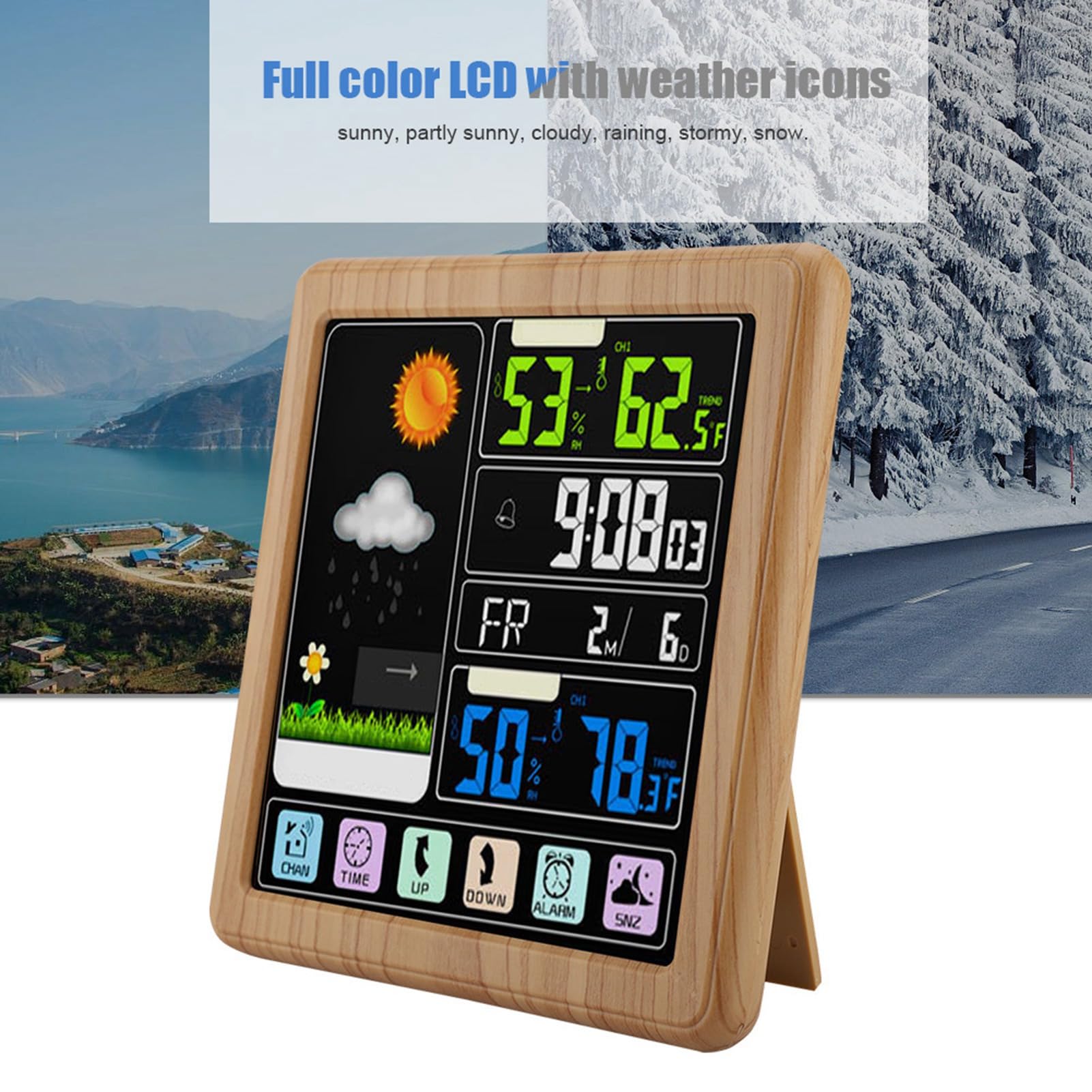 Sxhlseller Drahtlose Wetteruhr mit Vollem Touchscreen |Multifunktionswecker mit Farb-LCD, USB-Anschluss, Kindersicherung für TS-3310 (Holzfarbe)