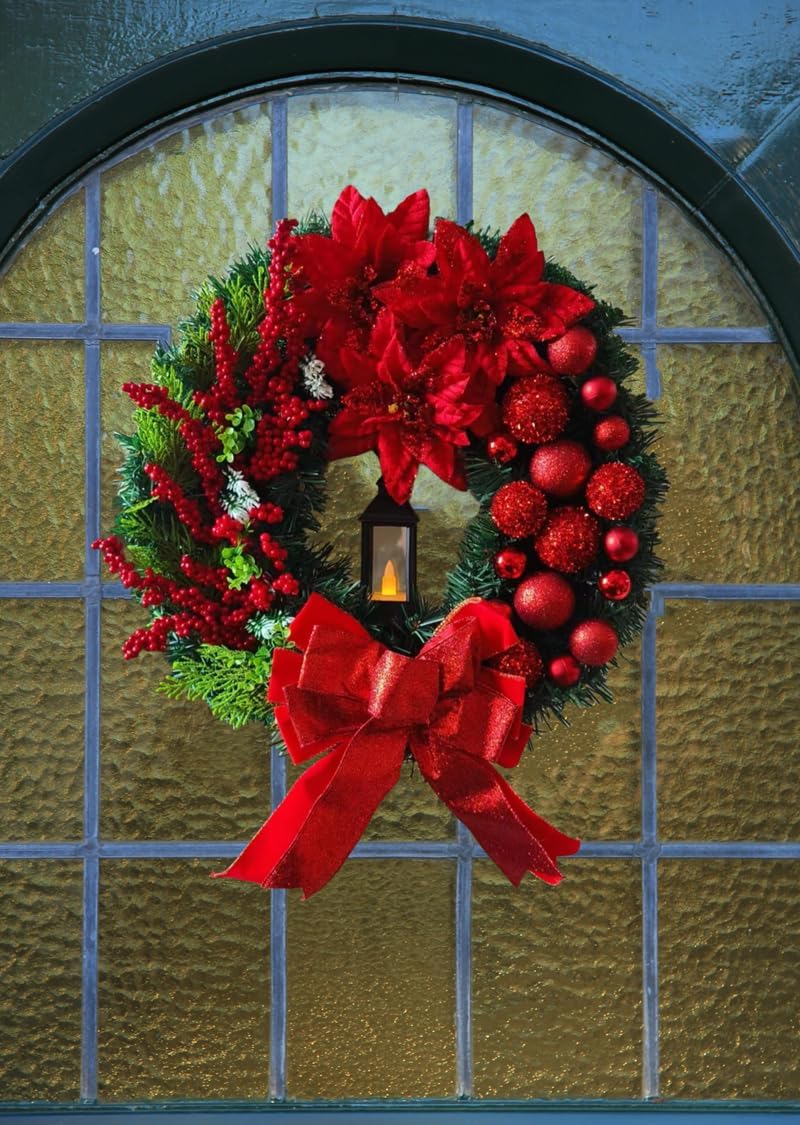 Christmas Wreath With LED Oil Lamp, Battery Operated (Not Included), Large Red Bow, Berry Ornaments, Spruce Lighted Xmas Decoration for Door (Red, 18")