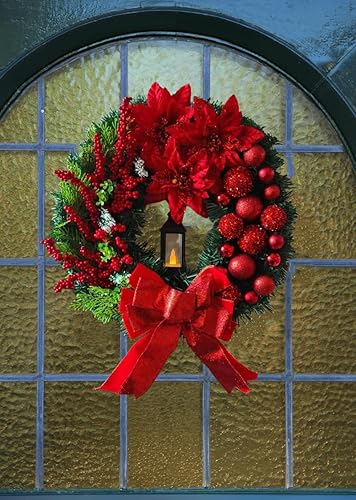 Miniatura 6 de Corona de Navidad con lámpara de aceite LED, funciona con pilas (no incluida), lazo rojo grande, adornos de bayas, decoración de puerta de Navidad