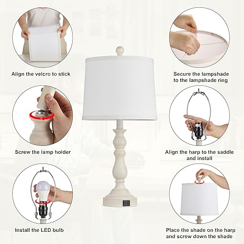 Miniatura 9 de Juego de 2 lámparas de mesa de granja de 23 pulgadas para sala de estar, con puertos USB C+A, lámpara de noche retro para dormitorio, oficina,