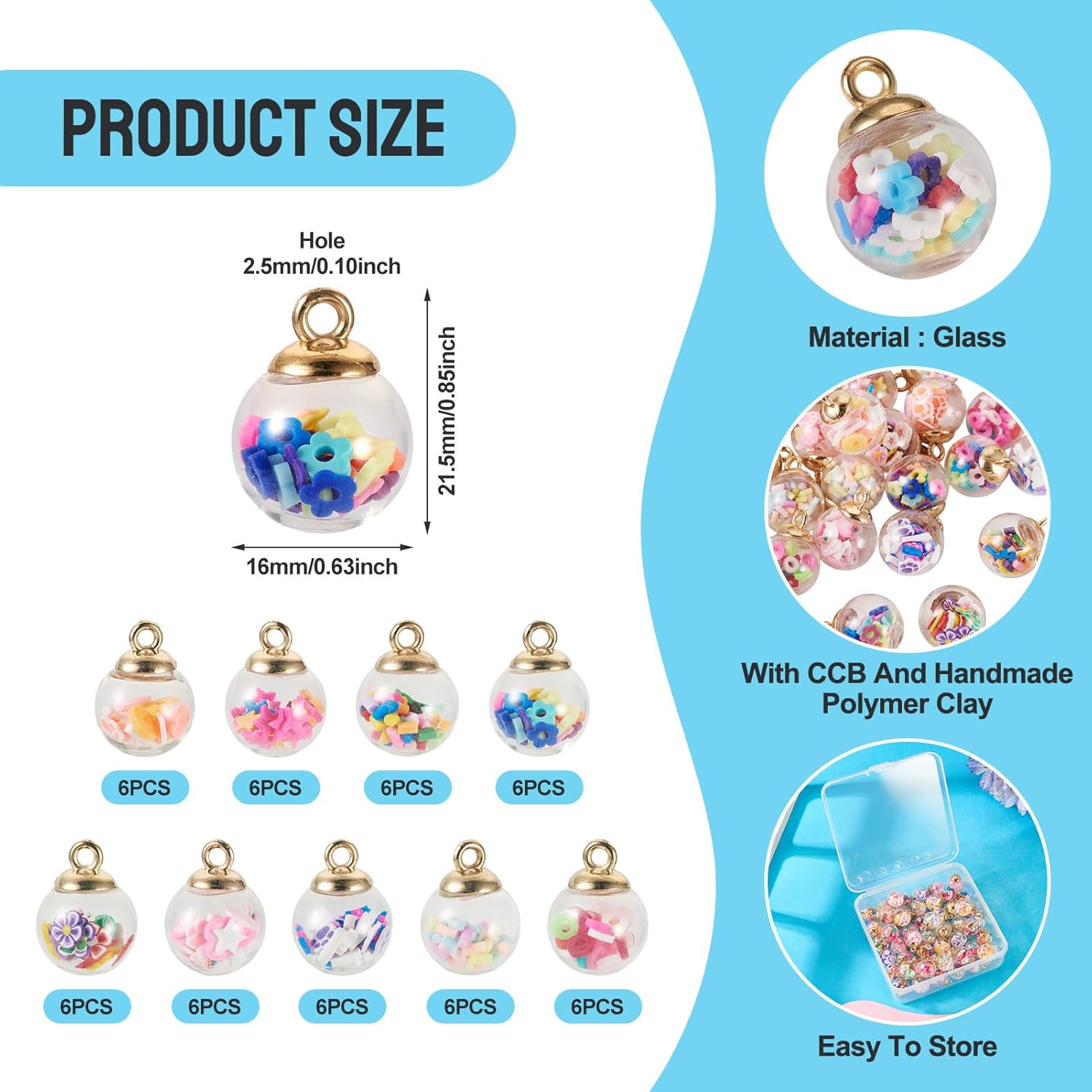 Craftdady 54 Pcs 16mm Colorful Glass Ball Pendants Crystal Glass Round Charms Dangle Earring Pendants with CCB Handmade Ploymer Clay for DIY Craft Making Bracelet Necklace Keychain Supplies - Image 3