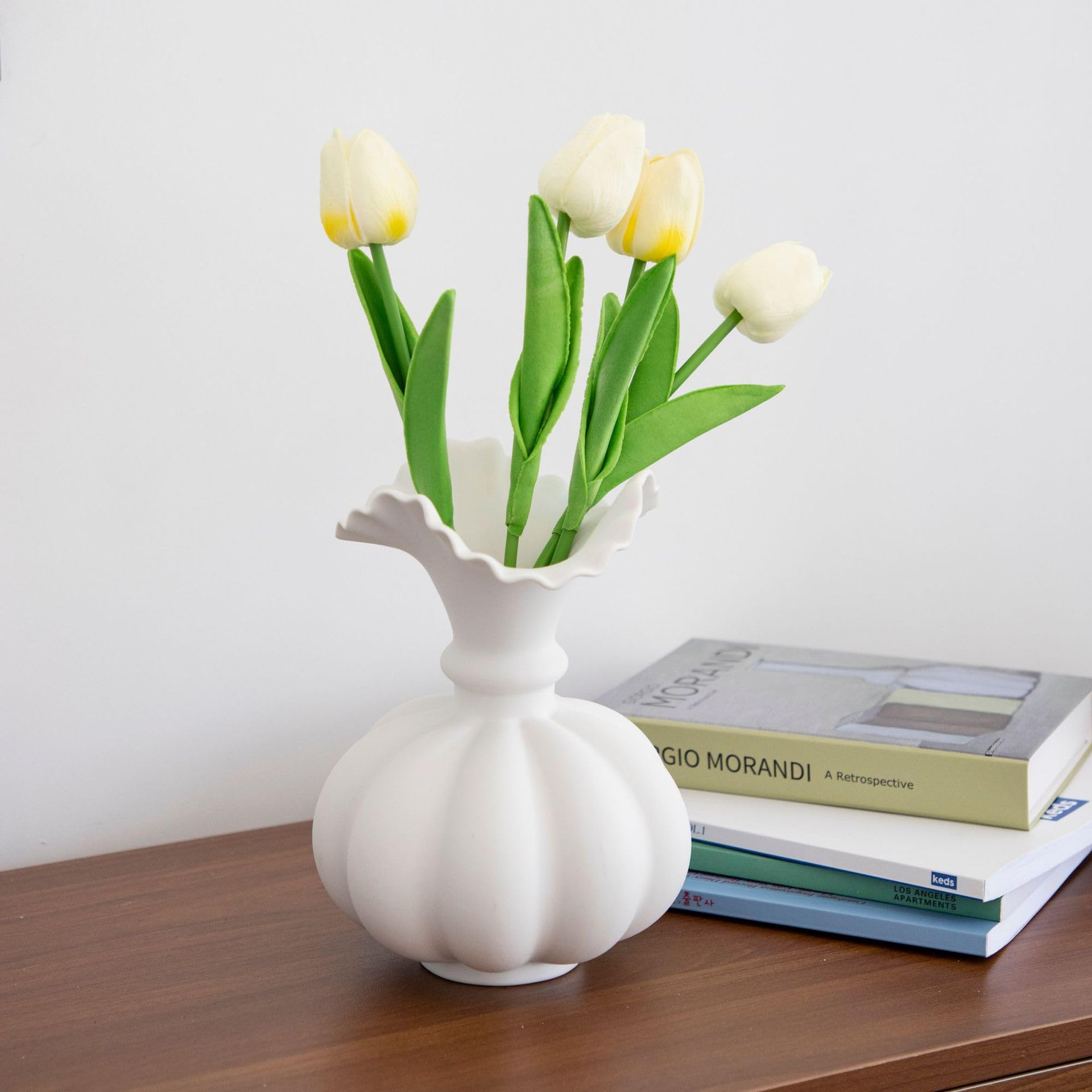 AKOOSY Keramik Kürbis Vase Weiß - Handgefertigter Blumentopf Farmhouse Deko