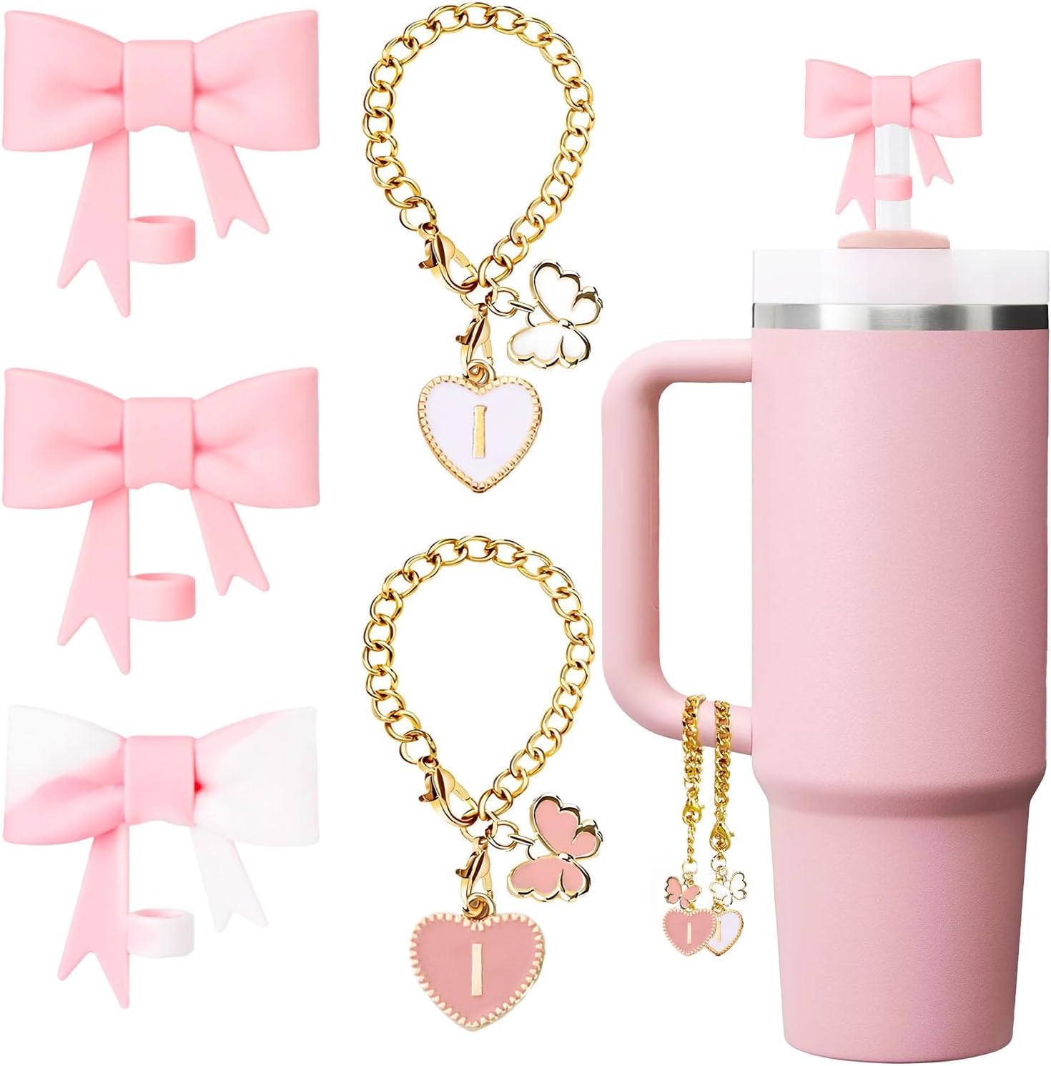 Pink Bow for Stanley Straw Topper- 3pcs Cute Cup Bow Straw Cover Silicone Cap 10mm with 2pcs Initial Letter Charms Name Id Personalized Accessories 40/30 Oz Tumbler Water Bottle Cups I
