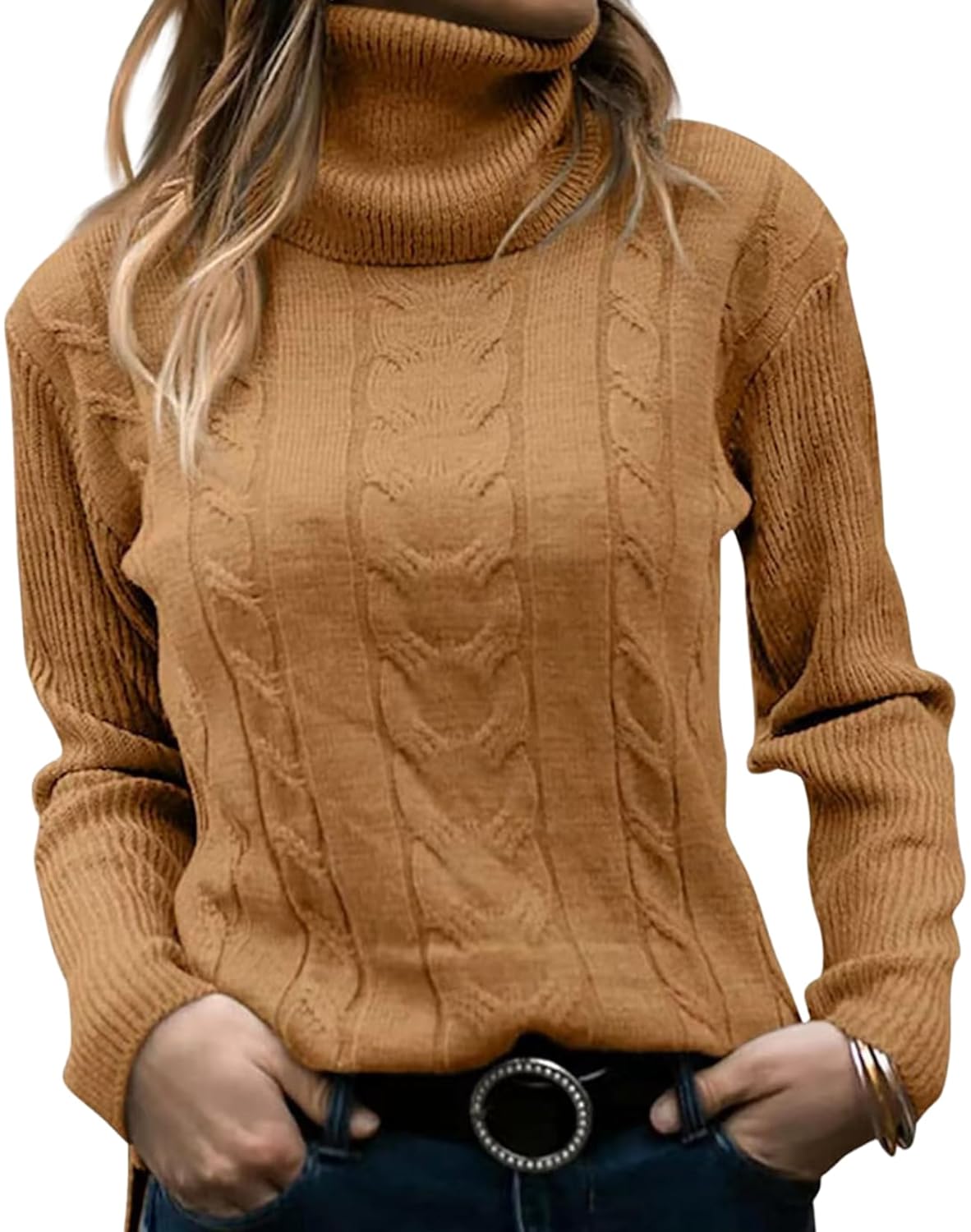 Cable Knit Sweater for Women Turtleneck Long Sleeve Fall Winter Business Warm Pullover Top Solid Color Casual Jumper
