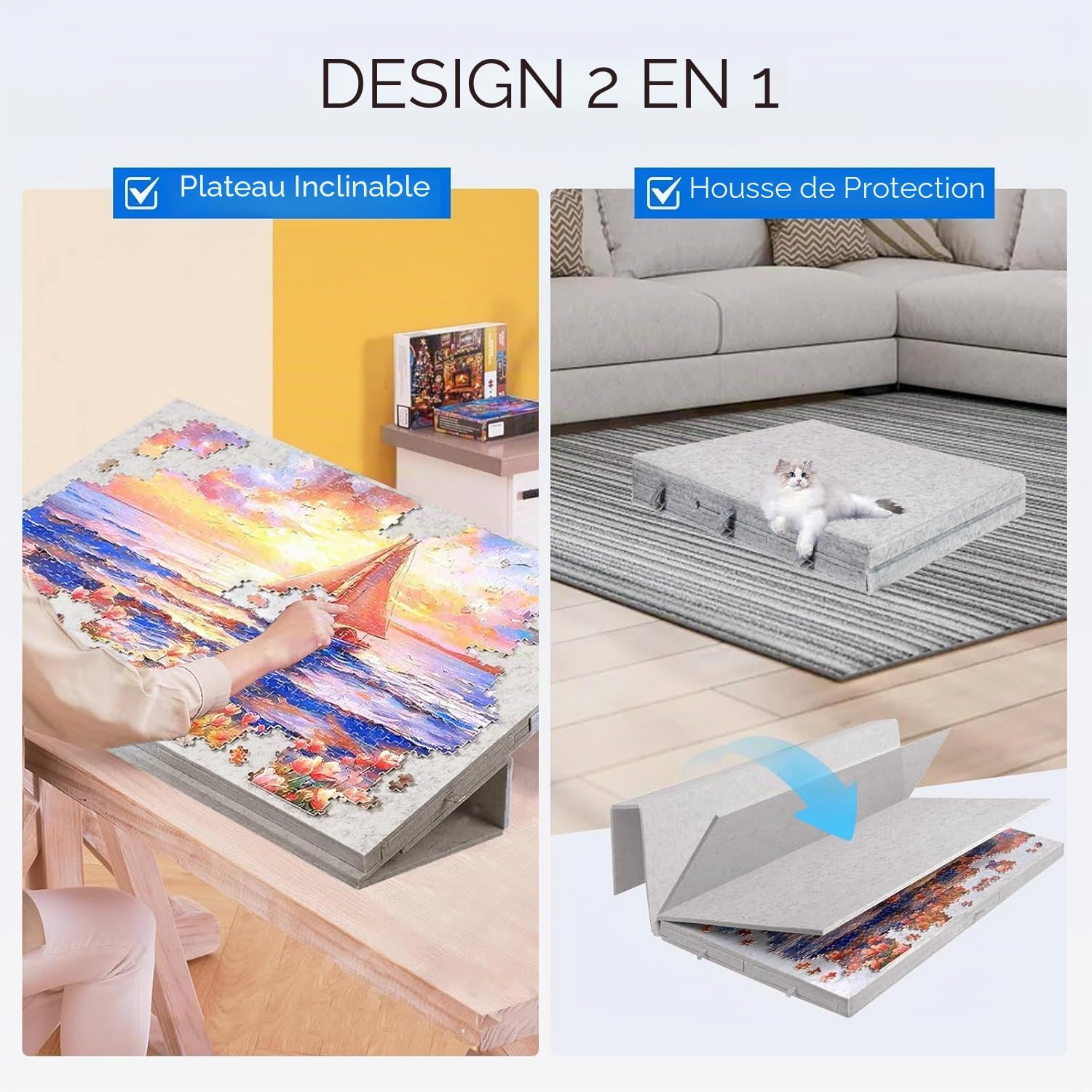 Table Puzzle 1000 Pièces avec Support et Housse 2 en 1 - Inclinable Plateau Puzzle en Feutre Super Léger avec 6 Tiroirs - Portable Puzzles Board Idéal pour Adultes et Enfants (Gris Clair)