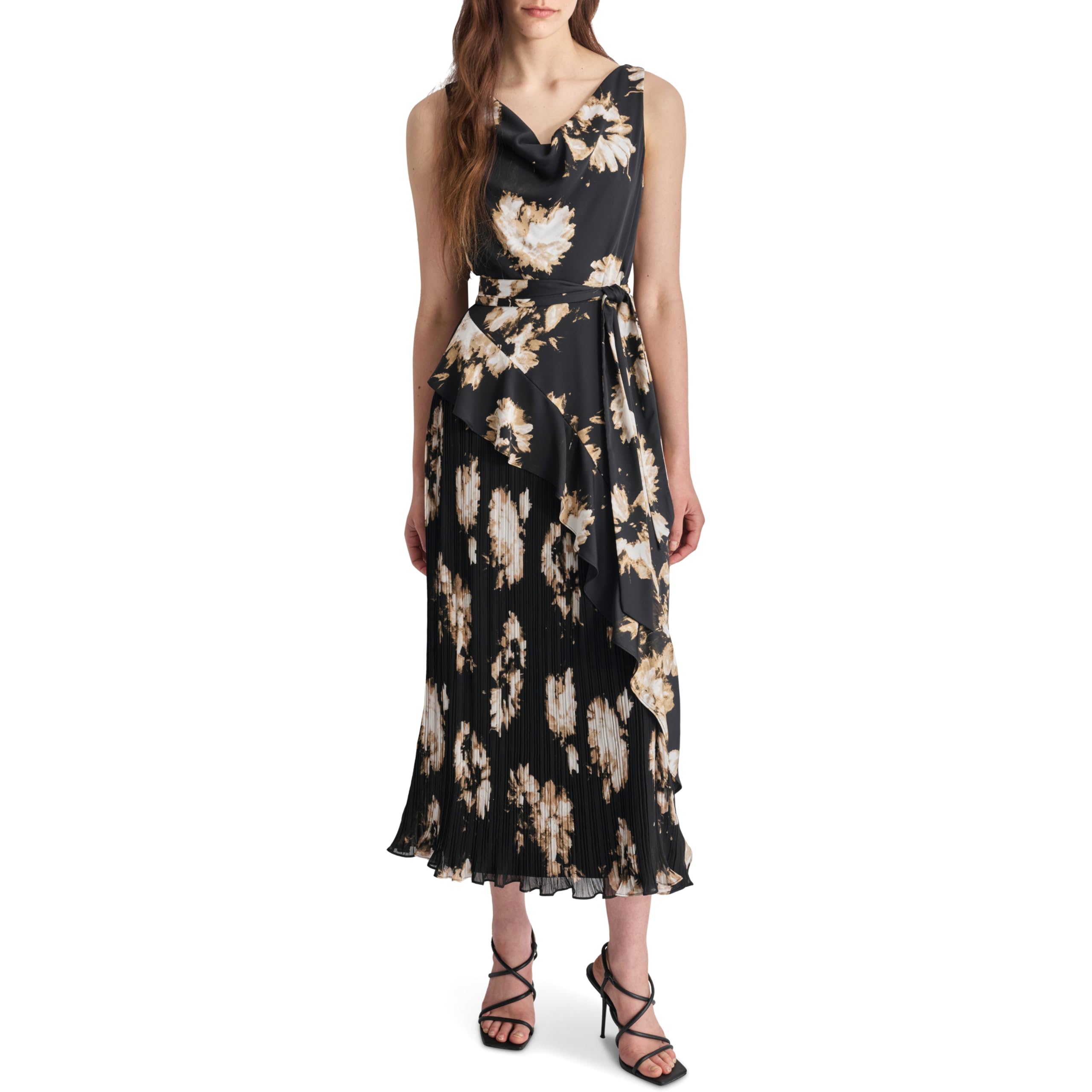 Robe midi plissée DKNY silhouette affinée sans manches col bénitier - 7