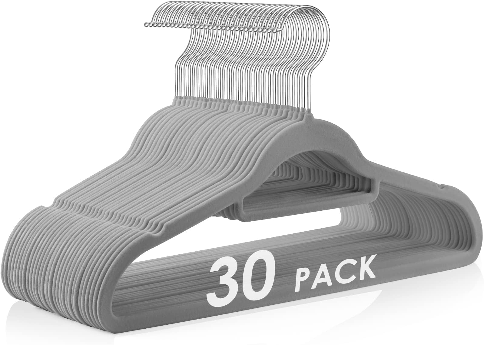 LENDIS Anti-Slip Velvet Hangers - Suit Hangers (Pack of 30) Slim Space Saving Space Saving 360 Degree Swivel Hook Durable hanger holds up to 10 lbs of jackets, pants and formal wear (30, Grey)