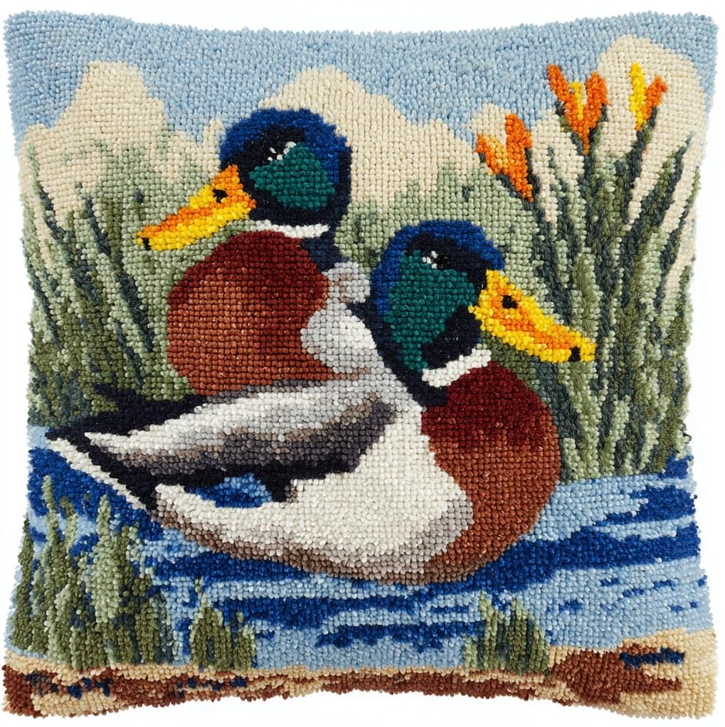 WallustrioaW Latch Hook Kits Pillow for Adults,Wild Ducks,Pre-Printed Patterns Pillowcase Needlework Crochet Yarns Latch Hooking Cushion for Sofa Decor,17x17in