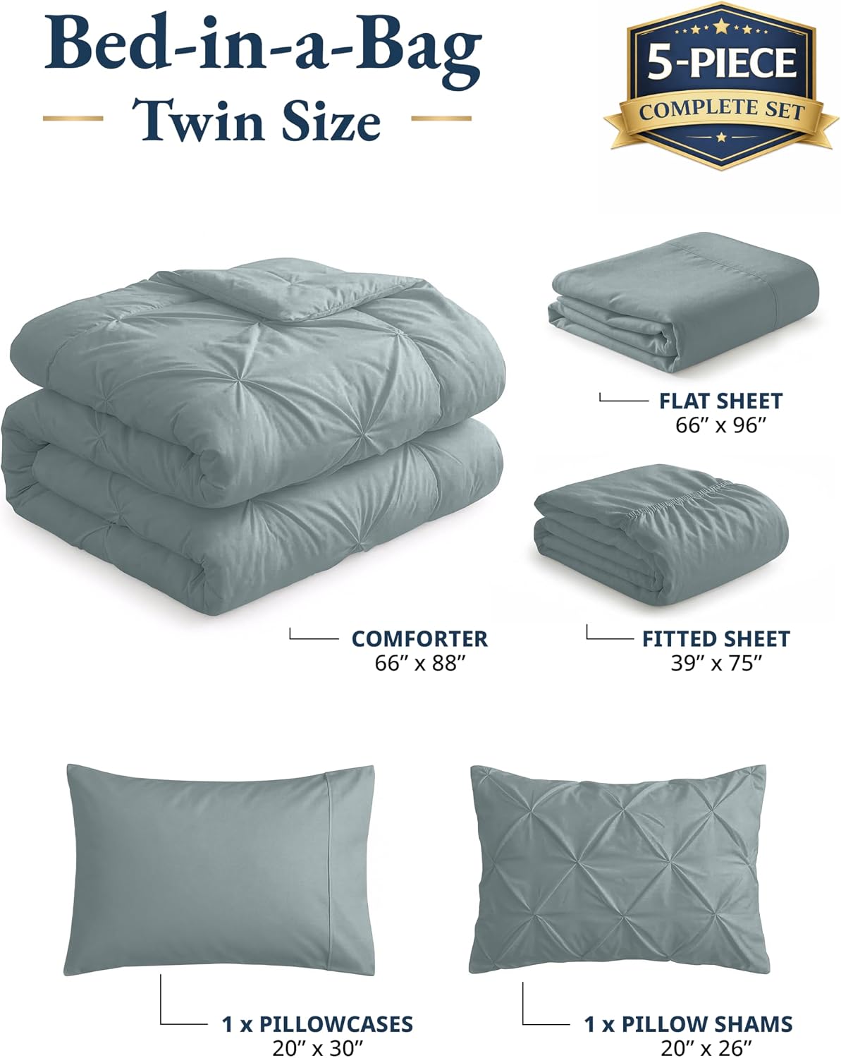 lane linen twin comforter set - 5 piece - elegant pintuck stitch design bedding - with 1 comforter, 1 pillowcase, 1 sham, 1 flat & 14" fitted sheet - super-soft, all-season everyday use – french blue | everyday soft touch twin french blue