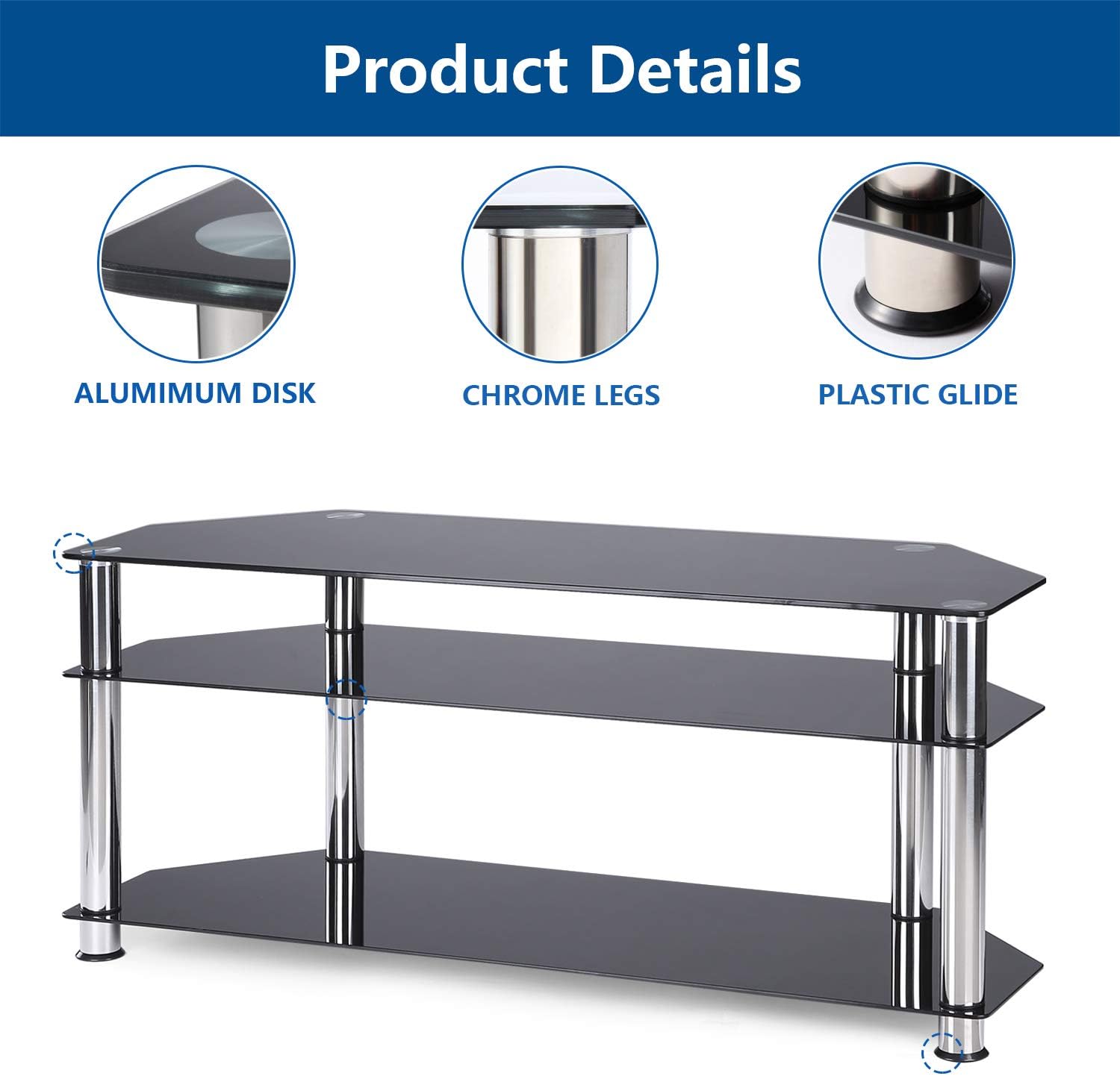 Rfiver Glass Corner TV Stand for 32-60 Inch Flat/Curved Screen TVs, TV Table with Black Tempered Glasses and Silver Stainless Tubes, Small Entertainment Center for Bedroom Living Room