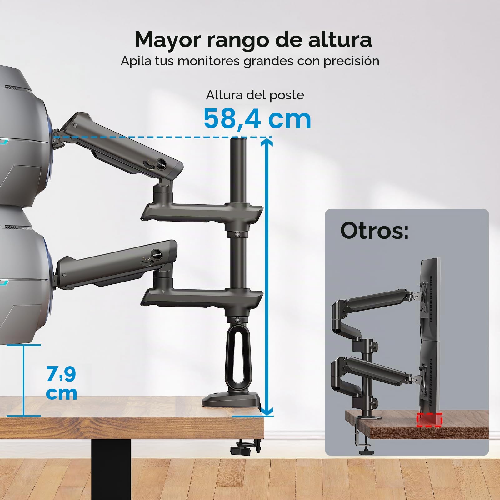 HUANUO Soporte para Dos Monitores para Pantal Ultraanch 13-49”, hasta 18kg, Brazo Monitor Doble Aluminio Resist y Extra Alto, Soporte Monitor Doble Apilado Vert y Total Ajustable, VESA Máx 100x100mm