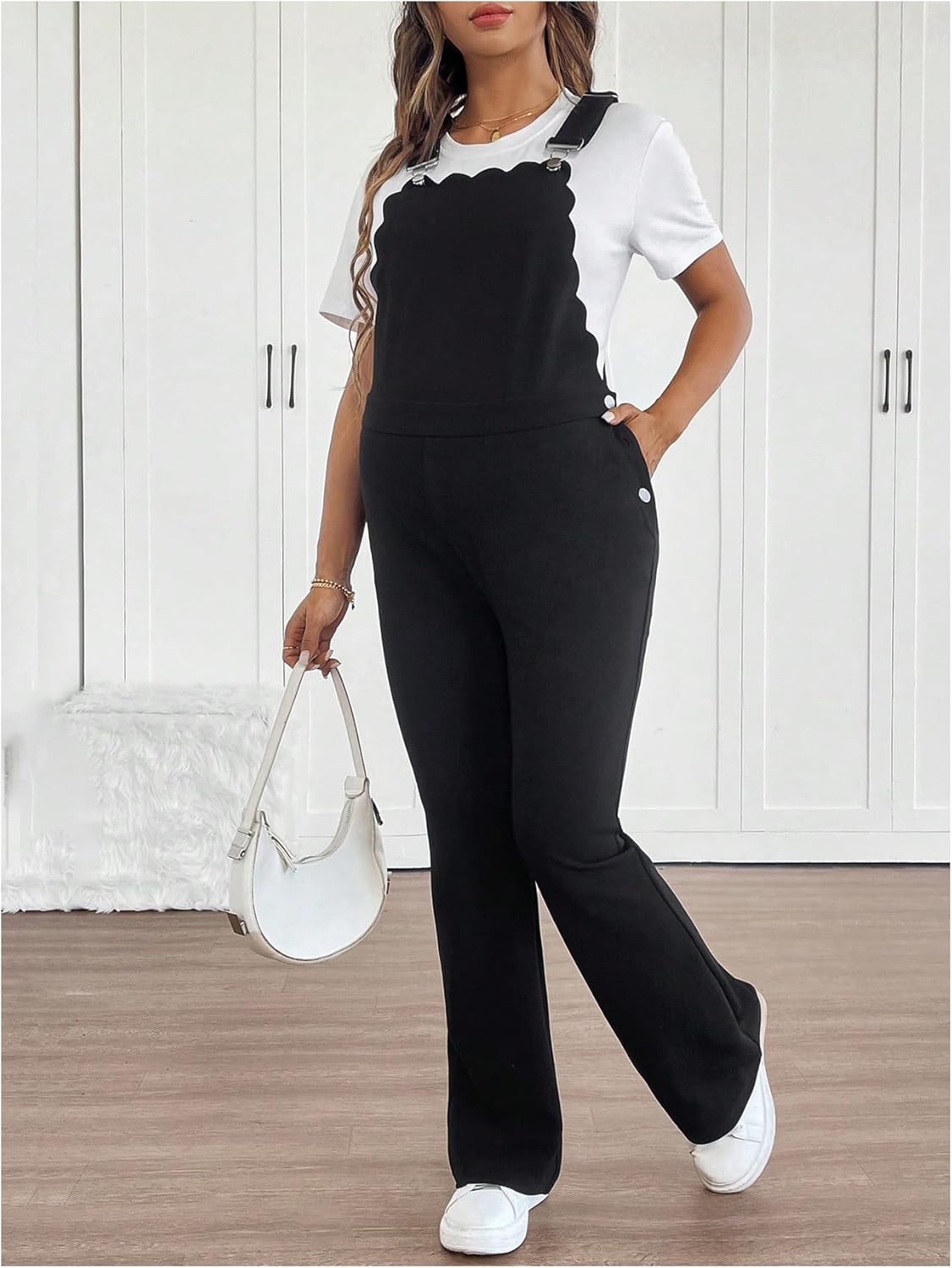 OYOANGLE Women's Maternity Side Button Jumpsuit Adjustable Strap Sleeveless Flare Leg Overalls - Image 5