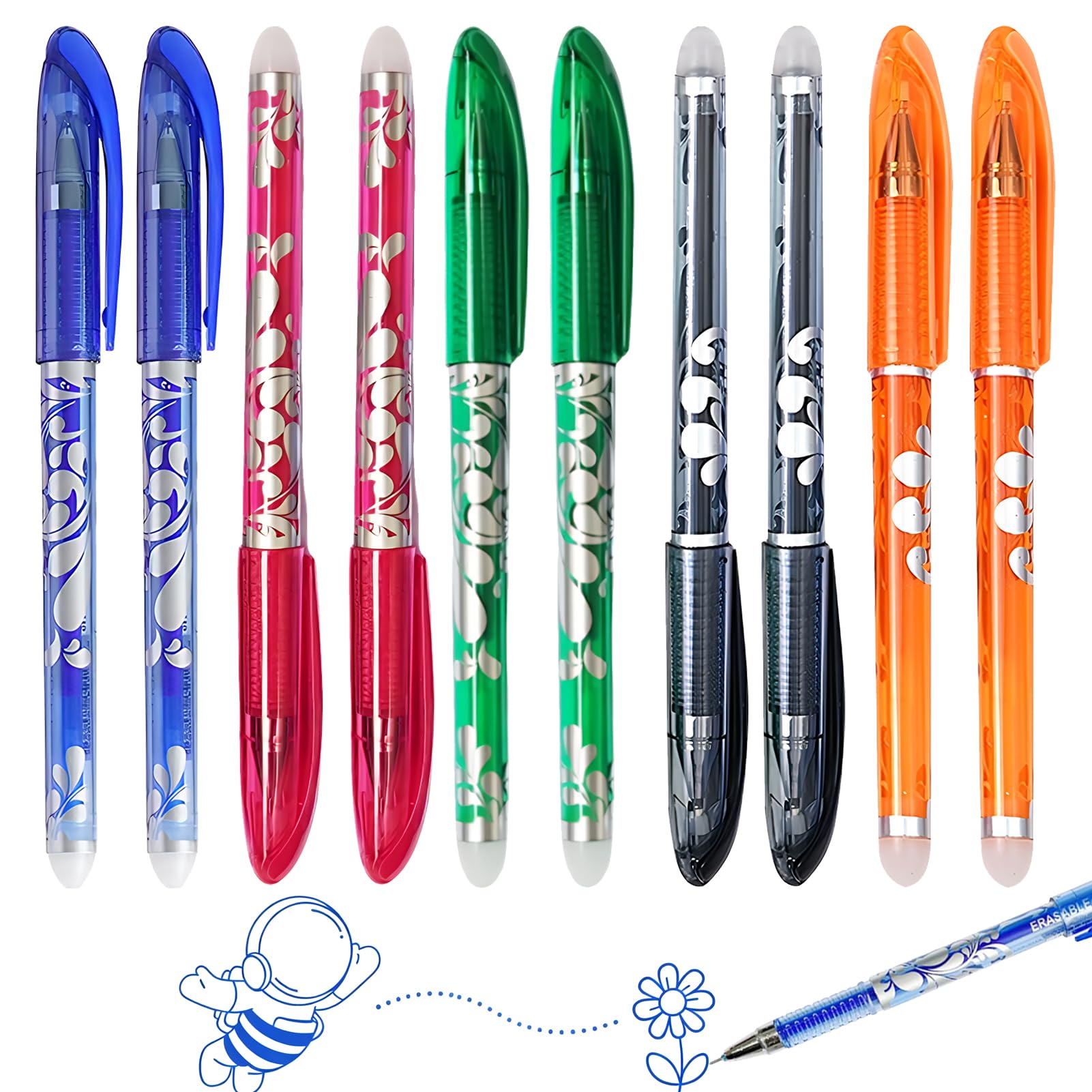 10 pcs Bolígrafo Borrable de Gel, 5 Colores: Rojo, Negro, Azul, Verde, Naranja, 0.5 mm, Para Material Escolar y Oficina, Pack de Bolígrafos Erasables, Ideal para Escritura Suave