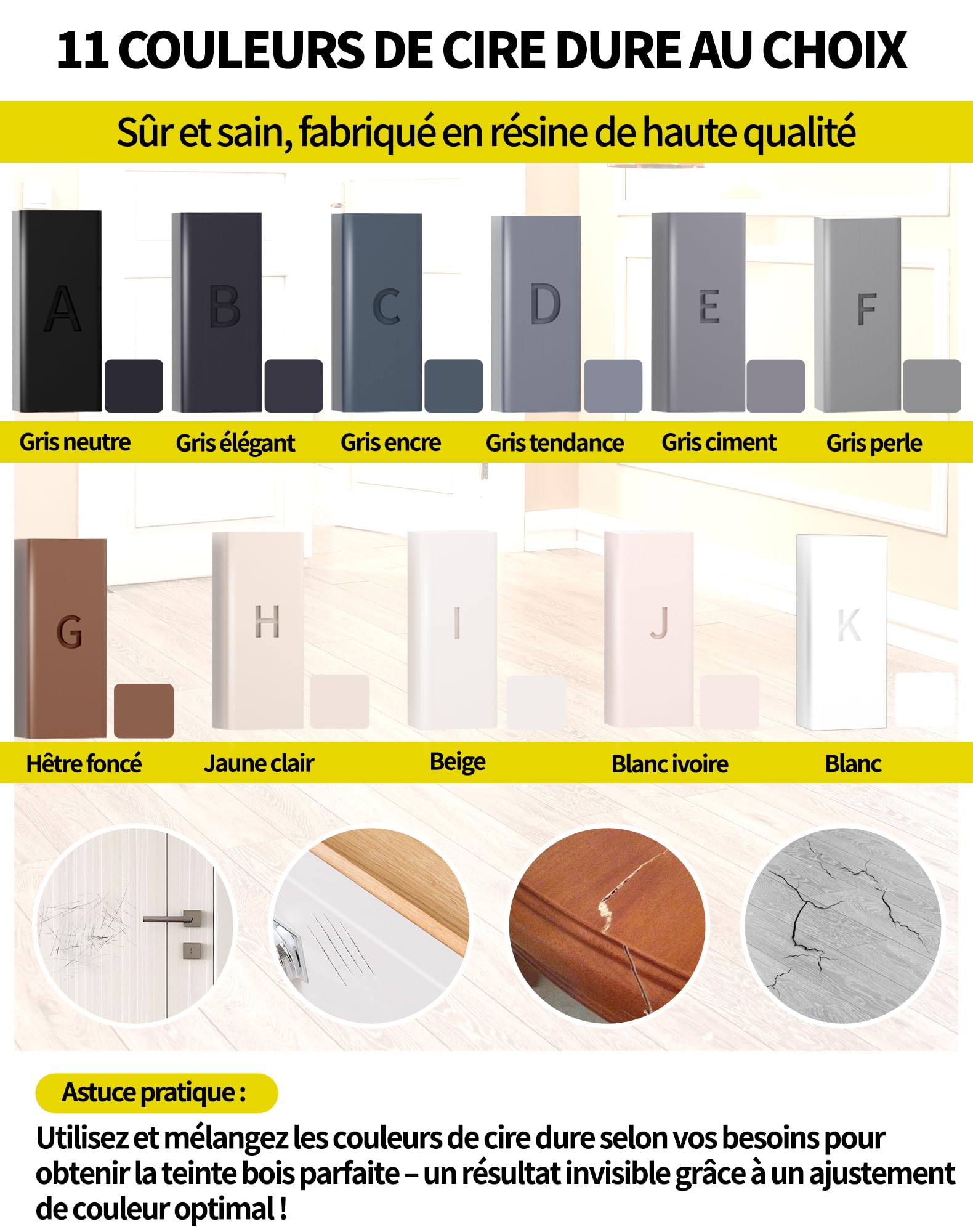 Lot de 15 kits de réparation de sol en vinyle, vinyle PVC et plastique - Kit de réparation pour parquet stratifié, parquet, bois et vinyle, 11 couleurs - Cire dure