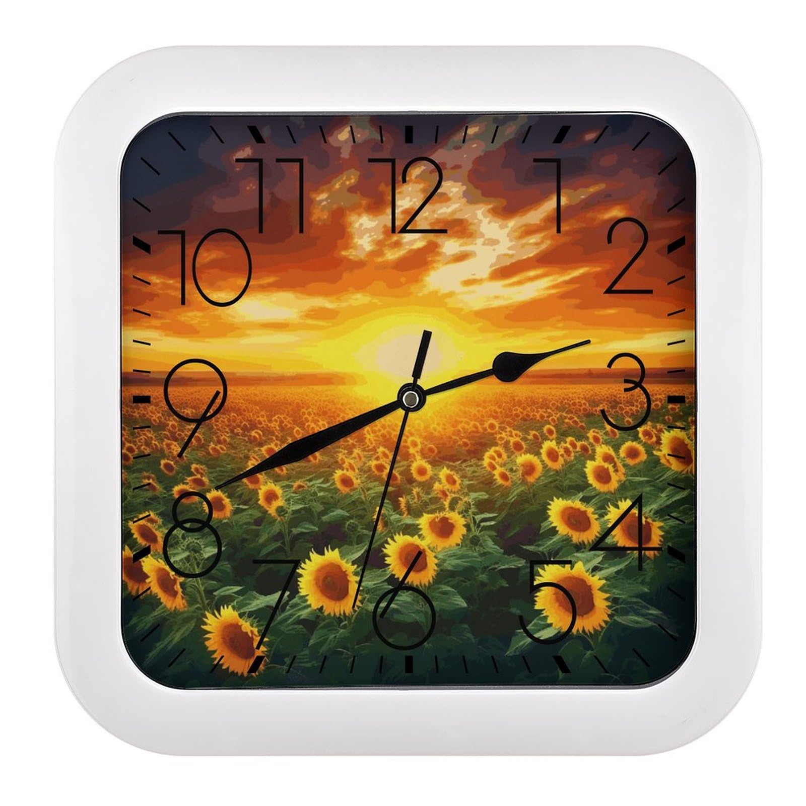 JTREHY Dreamlike Sunset of A Sunflower Field Wall Clock The Sound is Soft Square Timepiece Fashion Precise Easy to Read Numbers | Perfect Living Room Kitchen Or Office Clocks