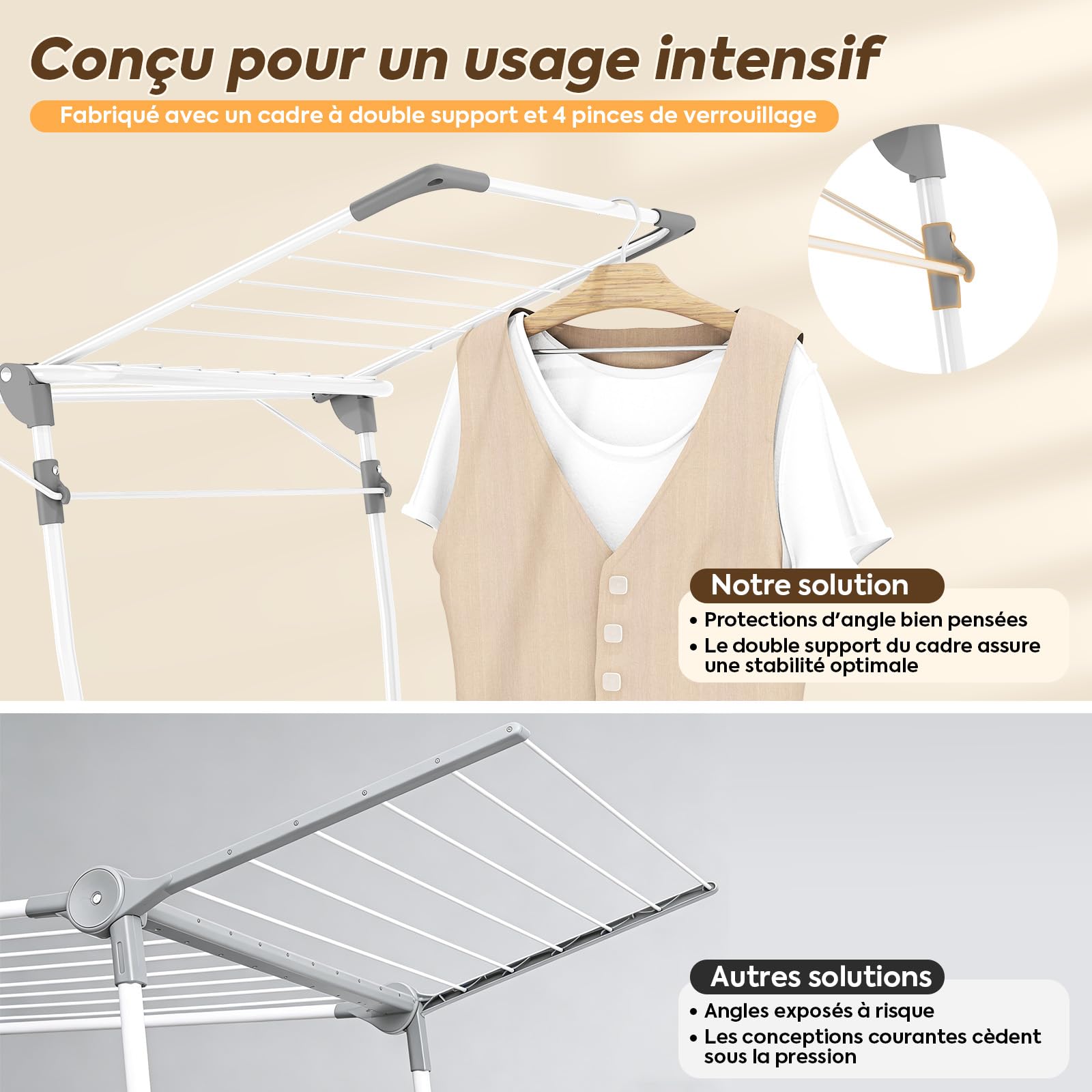 KINGBOARD Séchoir à linge pliable grand, étendoir à linge extensible 174x97x156 cm, Séchoir à linge stable avec pieds antidérapants, Séchoir à poser pliable pour l'intérieur et l'extérieur, Blanc