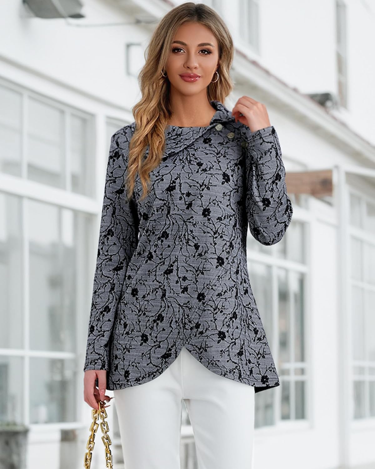 Bebonnie Women's Long Sleeve Lapel Neck Lightweight Sweatshirt Pullover Tunic Tops with Buttons - Image 3