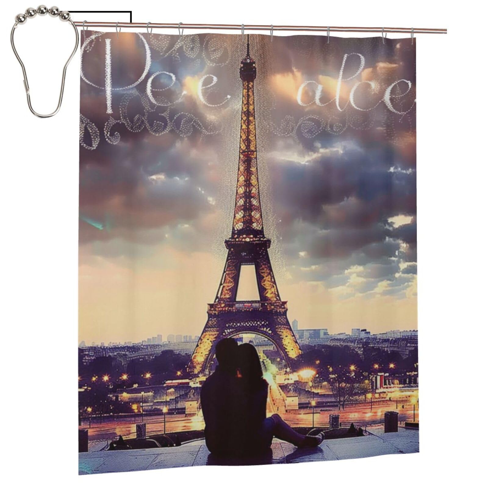 BWWHCCTI Eiffel Tower Love Paris Printed Shower Curtain With 12 Iron Hooks Opaque Quick Drying Waterproof Shower Curtains Sets For Bathroom 152x183 Cm