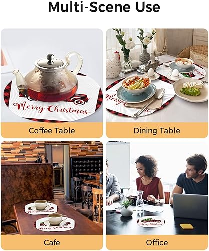Miniatura 4 de Paquete de 2 manteles individuales redondos trenzados para mesa de comedor, copo de nieve de Navidad, árbol de Navidad, camión rojo de granja blanca