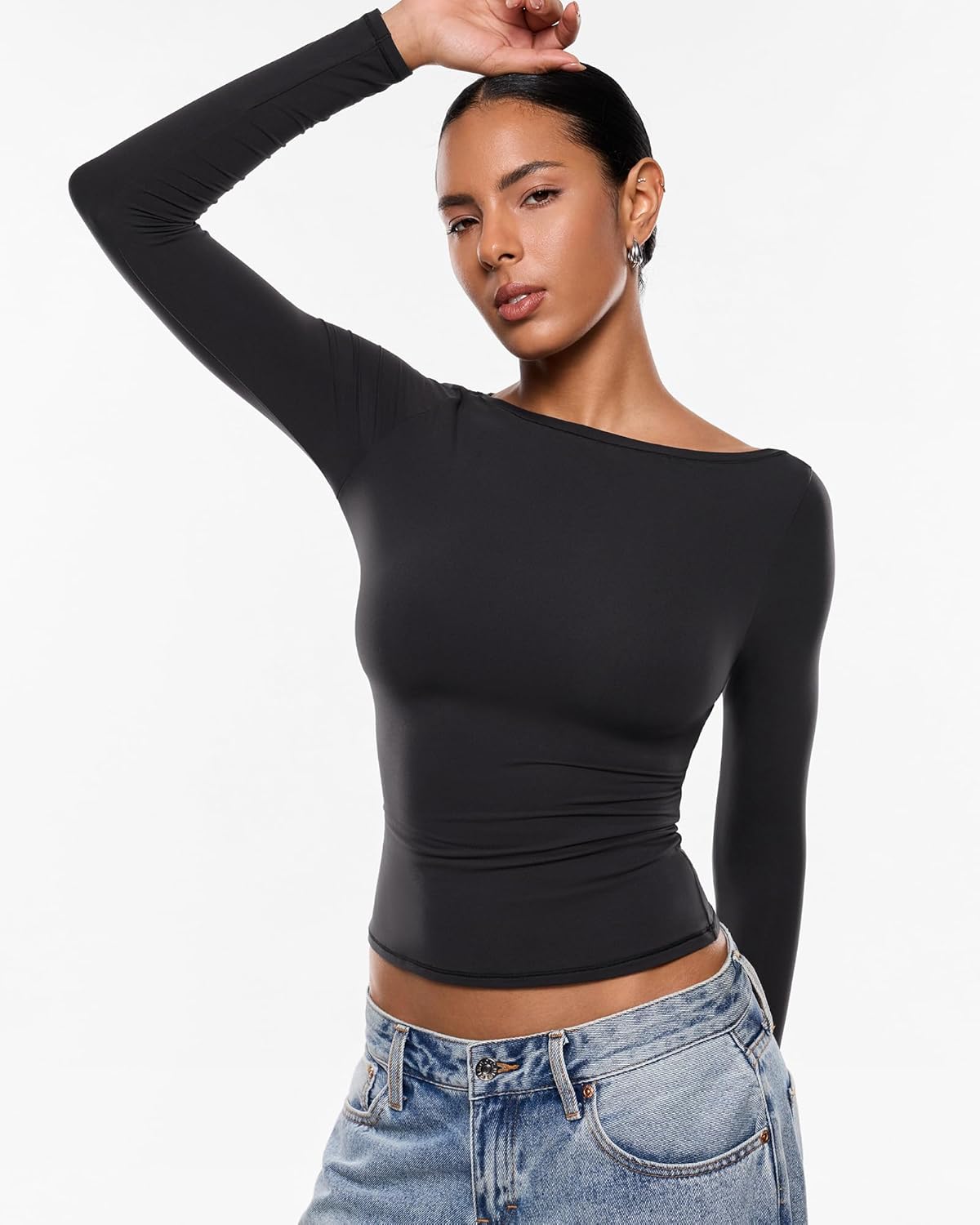 INLYRIC Women's Inbarely Ultra Long Sleeve Shirts Boat Neck Double Lined Going Out Tops Tight Fit Basic Tees - Image 4